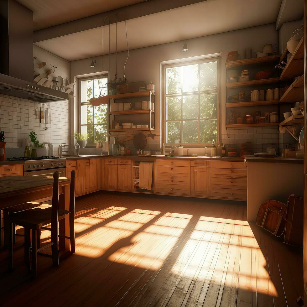 Interior of a cosy kitchen with sunlight shining through the window photo