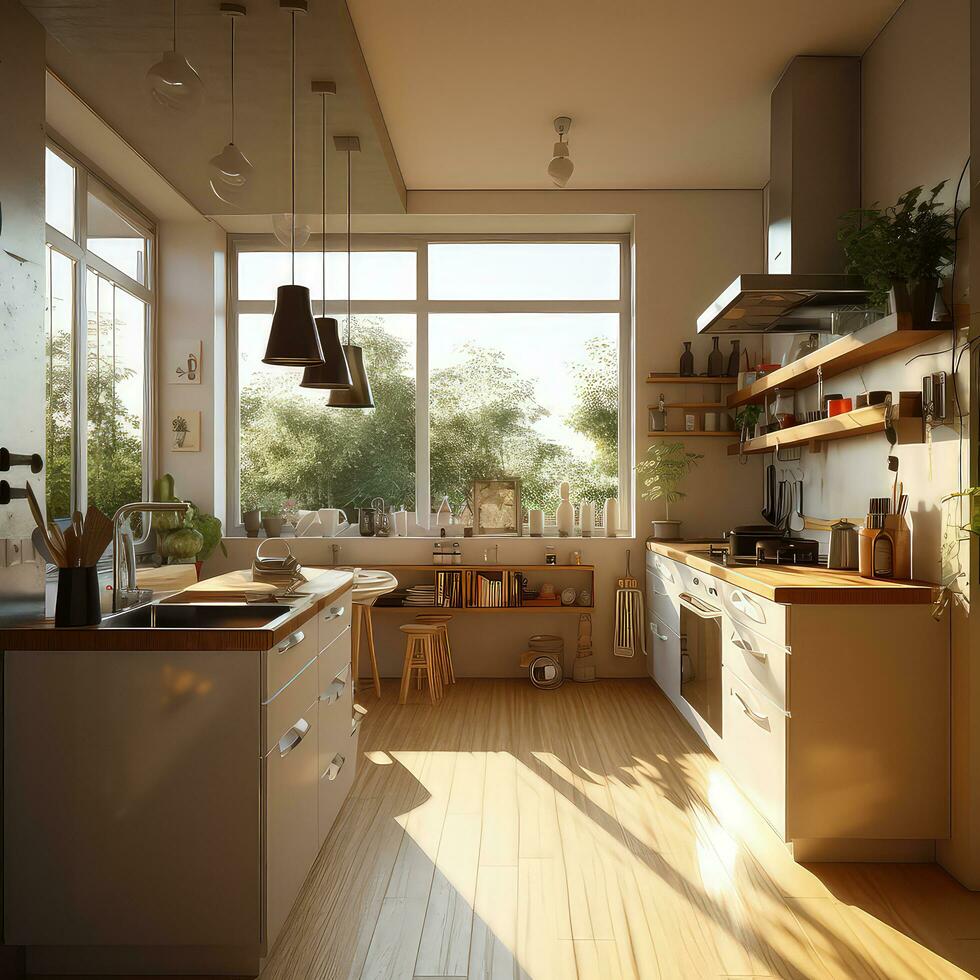 Modern room interior, cosy kitchen with modern design photo