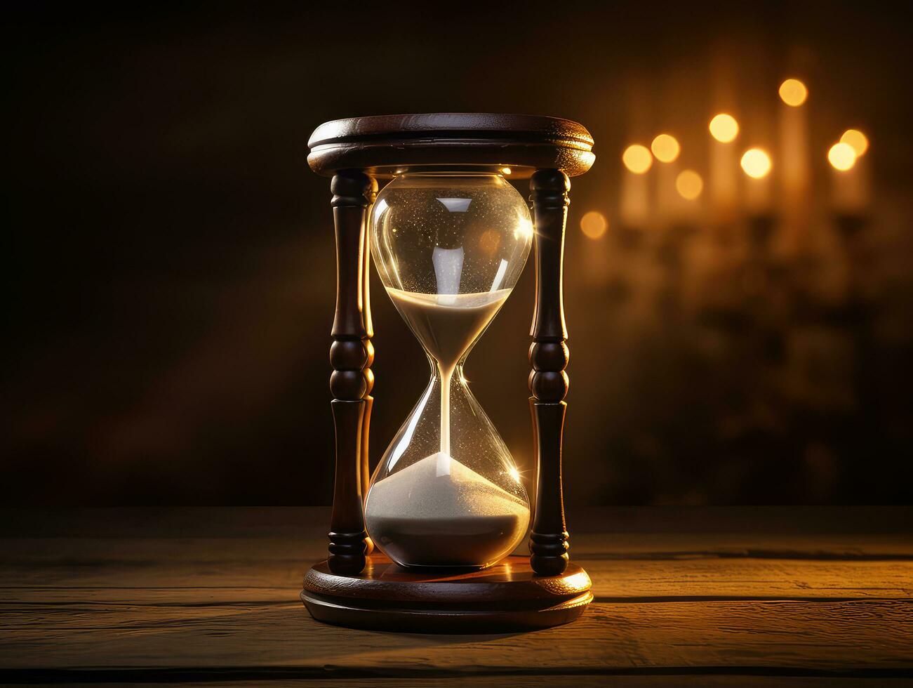 Sand running through the bulbs of an hourglass on a dark wooden table photo