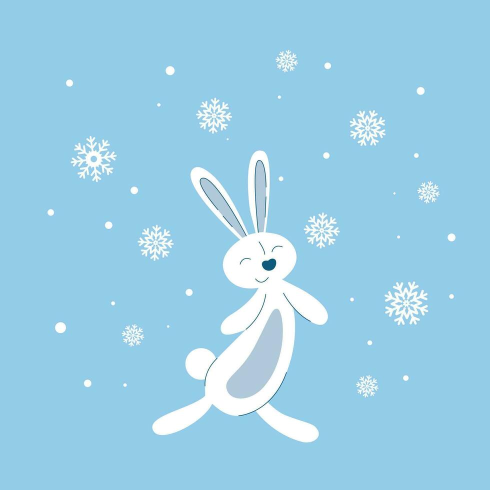 Cute winter hare rejoices in snow vector