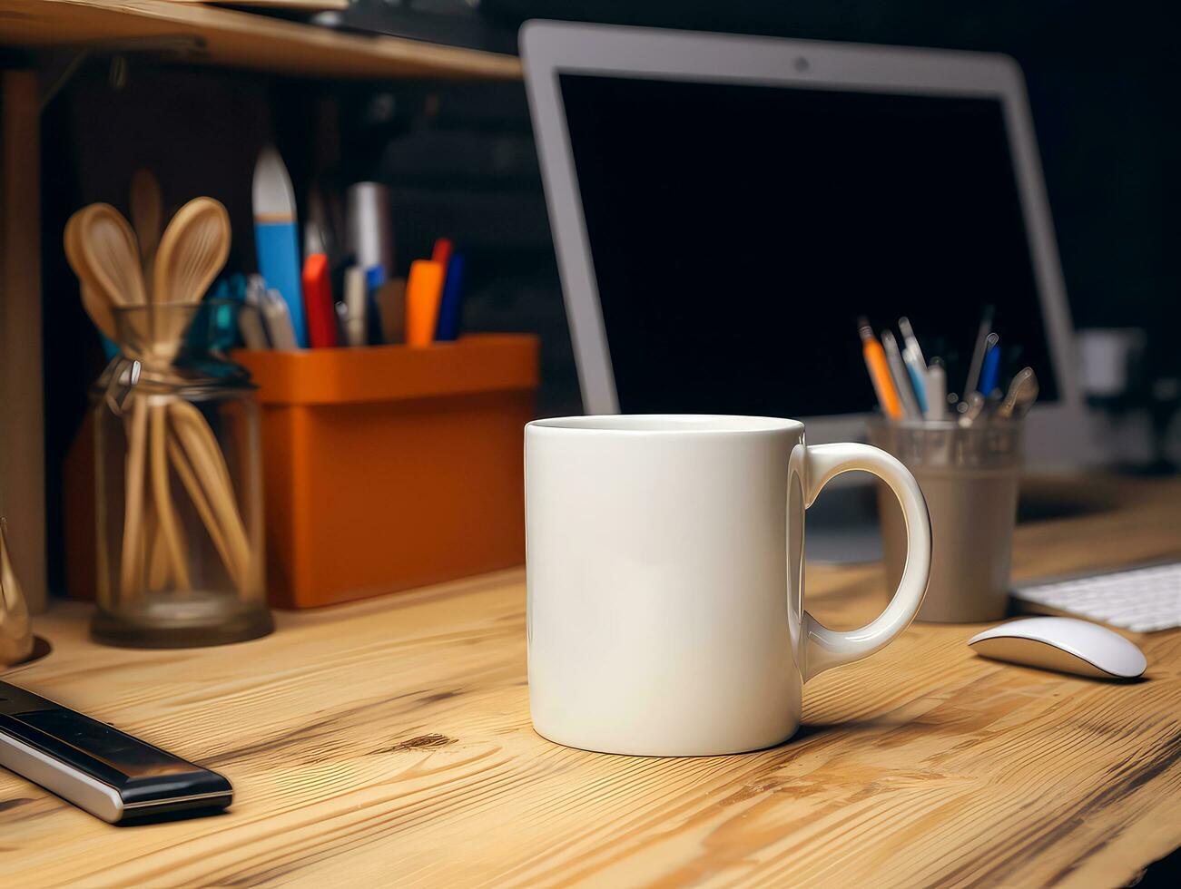 Product mock up with a blank white mug on a desk photo