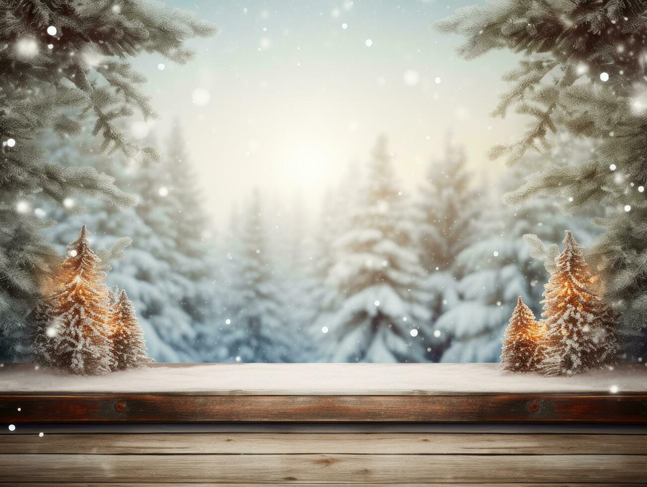 Empty wooden table looking out to a Christmas snowy landscape photo