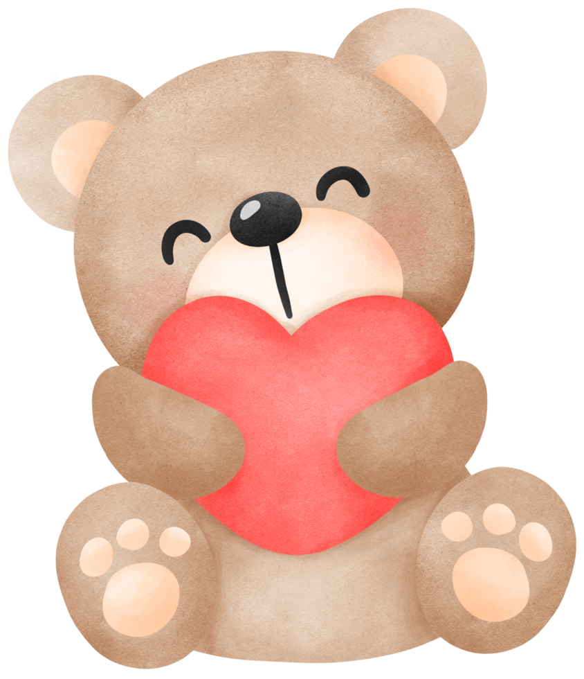 Cute teddy bear with heart watercolor illustration png