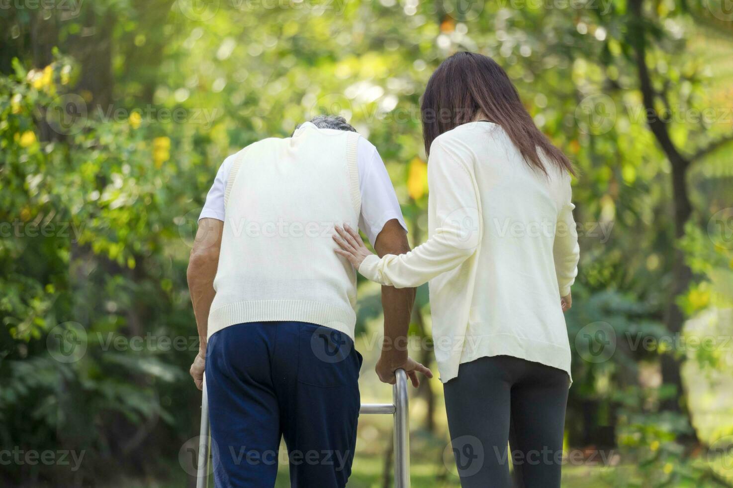 back view,a young adult daughter hand touching a senior father's back for support a father using a walker to walk in the park,concept of daughter or caregiver help elderly,aging care photo