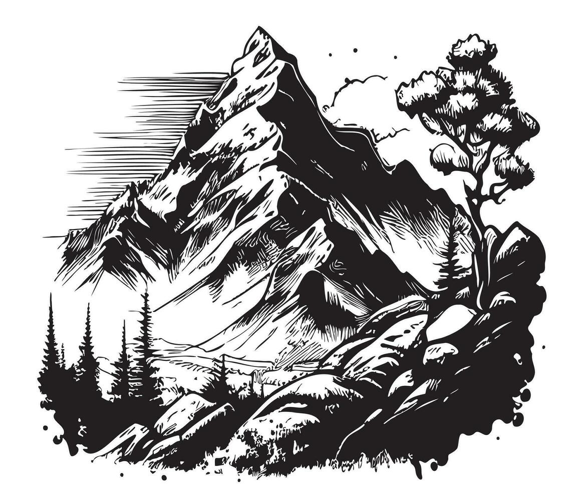 Mountains and forest nature hand drawn sketch Vector illustration
