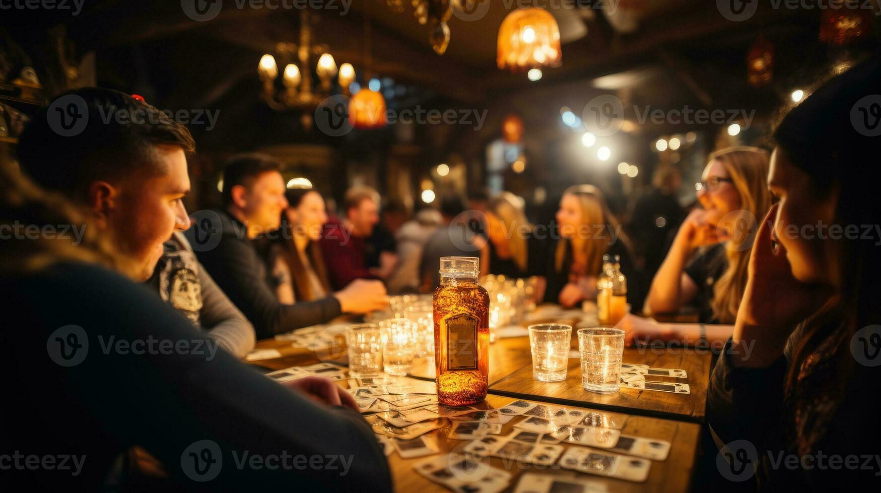 grupo jugando tarjetas amigos sentado a el mesa en un pub y Bebiendo alcohol. foto