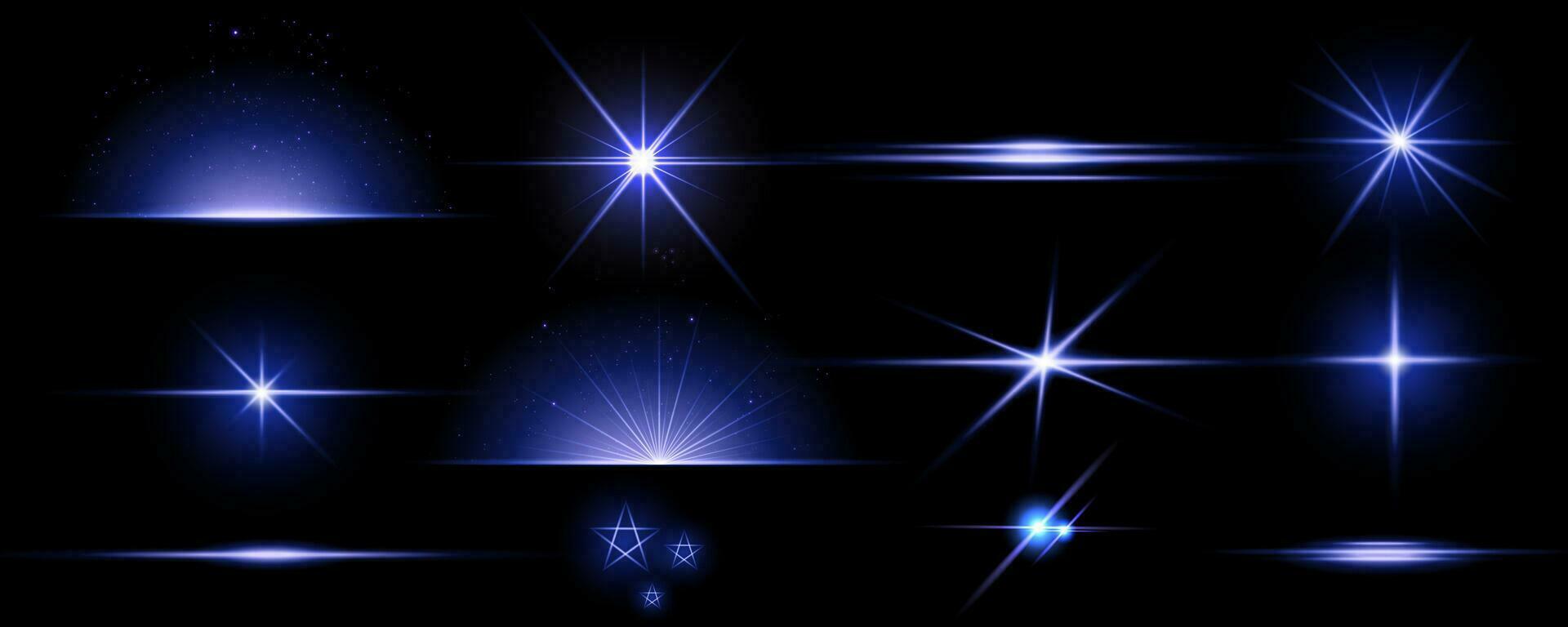 Blue line light glow with sparkle and flare shine. Horizontal golden neon streak effect isolated on transparent background. vector