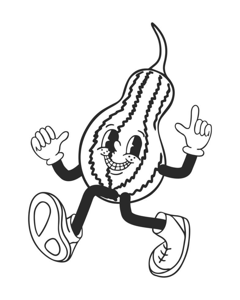 Funny old retro cartoon pumpkin character in boots. Hand drawn outline doodle character on white background. Autumn nostalgia illustration for printout, posters, shirt print vector