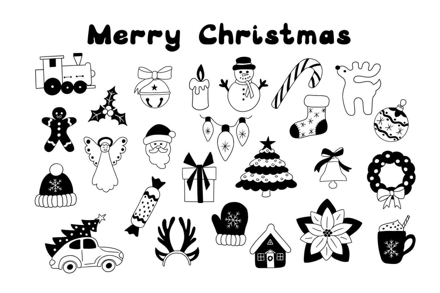 Merry Christmas doodle hand drawn black and white set. Traditional winter holiday sketch elements for Christmas decoration. Good for coloring pages, stickers, pattern, tattoo. Trendy retro design vector