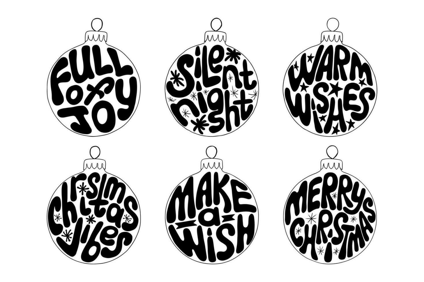 Black and white psychedelic Christmas lettering in christmas balls. Typographic vintage hippie compositions for printout, stickers, holiday decoration. Winter holiday slogans in retro hand drawn style vector