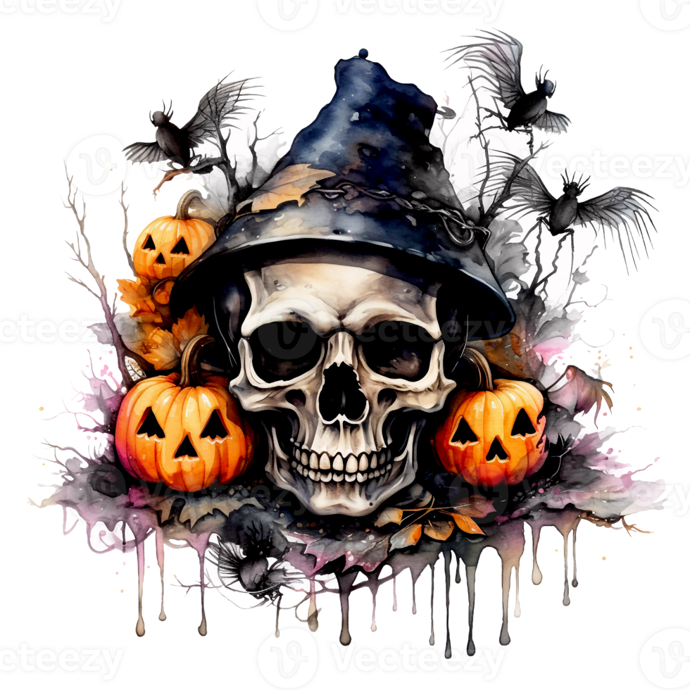 Creepy Halloween skull with pumpkins on transparent background png