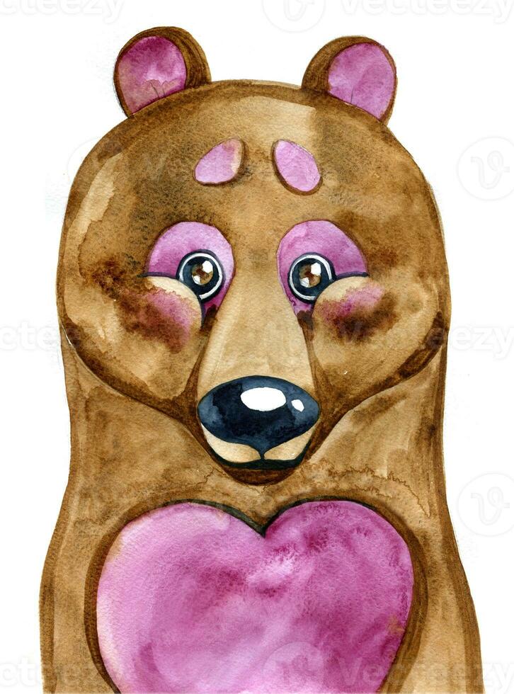 Adorable bear in watercolor technique. Beautiful card. photo