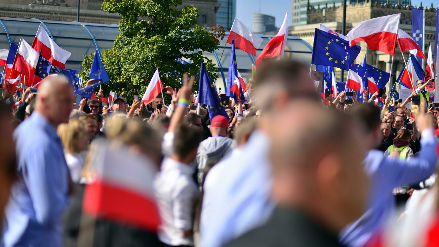 Warsaw, Poland. 1 October 2023. March of a Million Hearts. Hundreds of thousands march in  anti-government protest to show support for democracy. The spontaneous reaction of people. photo