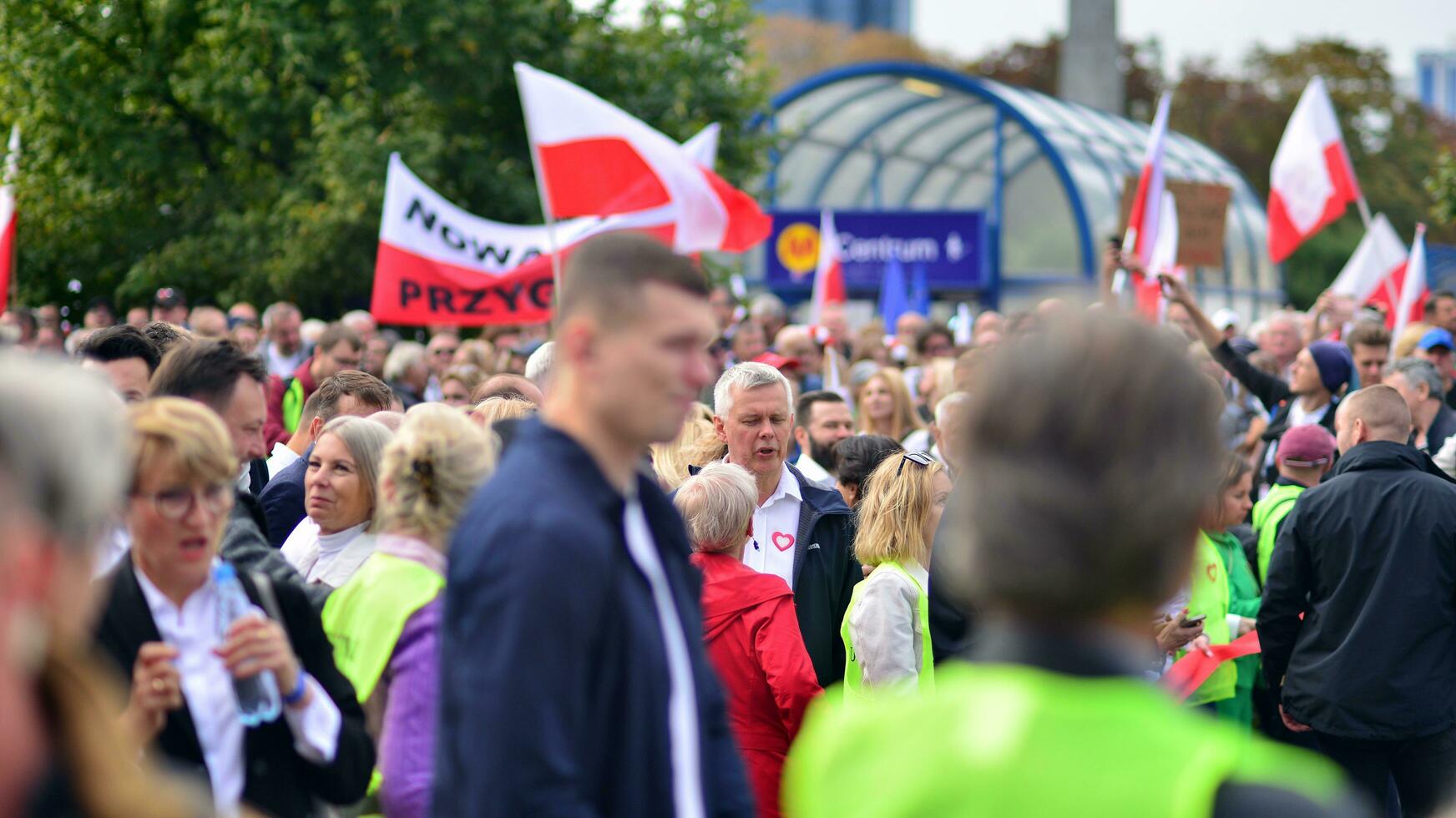 Warsaw, Poland. 1 October 2023. March of a Million Hearts. Hundreds of thousands march in  anti-government protest to show support for democracy. The spontaneous reaction of people. photo
