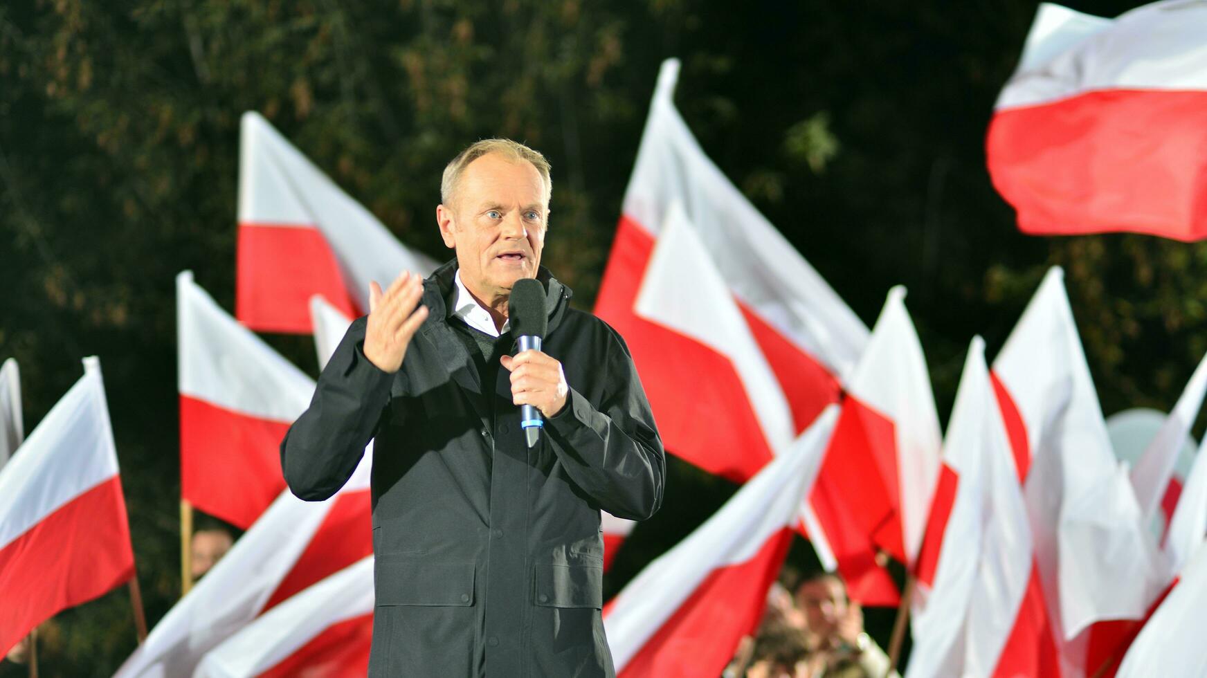 Warsaw, Poland. 9 October 2023. Donald Tusk speaks at an election rally after a televised debate on government television at the end of the campaign. photo