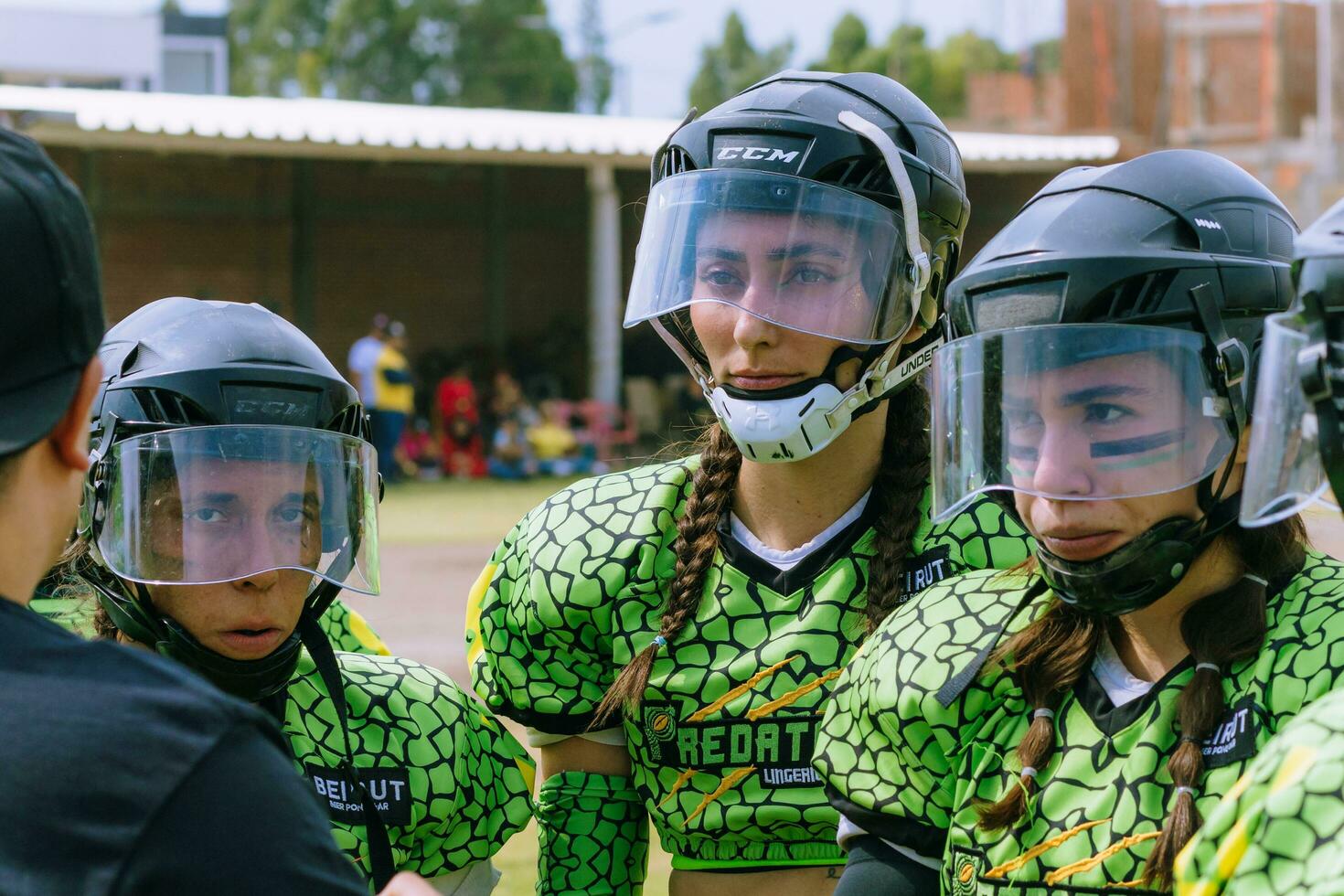 Puebla, Mexico 2023 - Friendly game of women's American football in Mexico on a flat field on a sunny day photo