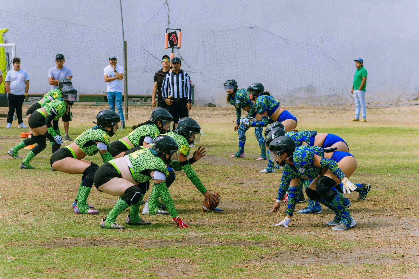 Puebla, Mexico 2023 - Friendly game of women's American football in Mexico on a flat field on a sunny day photo