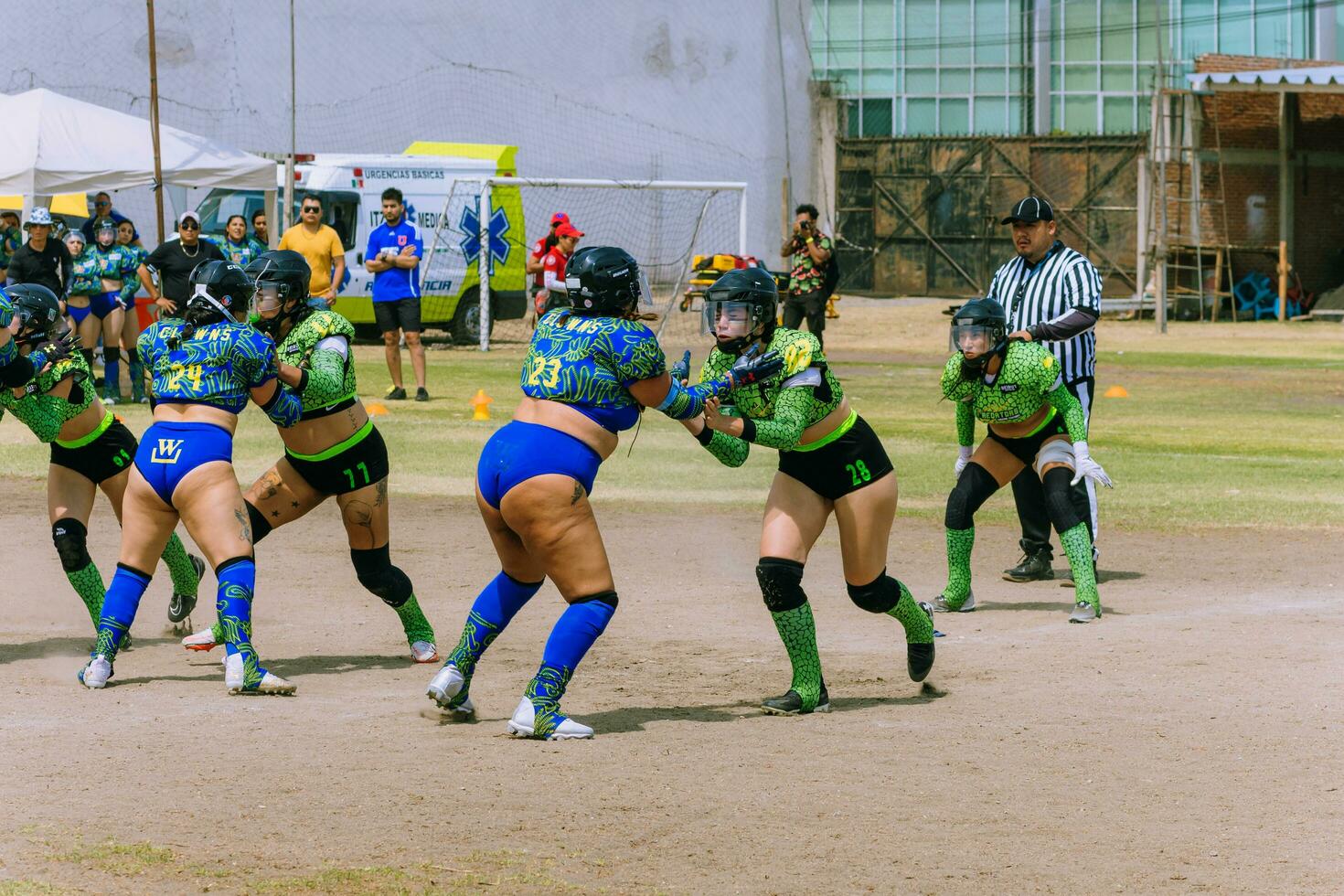 Puebla, Mexico 2023 - Friendly game of women's American football in Mexico on a flat field on a sunny day photo