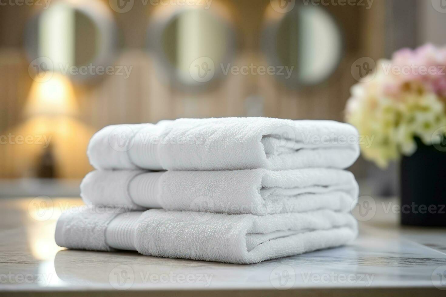 Tranquil Bathroom Setting - White Towels and Floral Accents - Generative AI photo