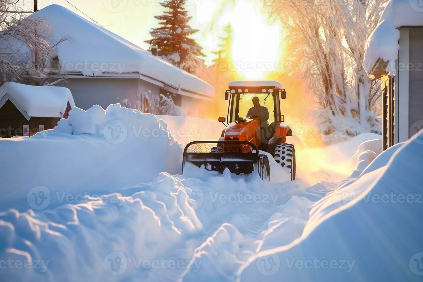 Urban Snow Removal - Tractor Clearing Streets - Generative AI photo
