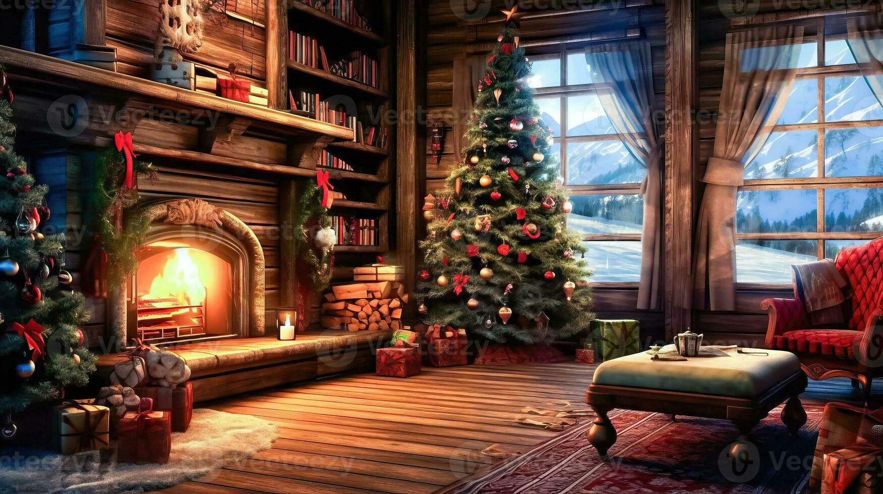 hogar para el Días festivos - chimenea, Navidad árbol, regalos - generativo ai foto