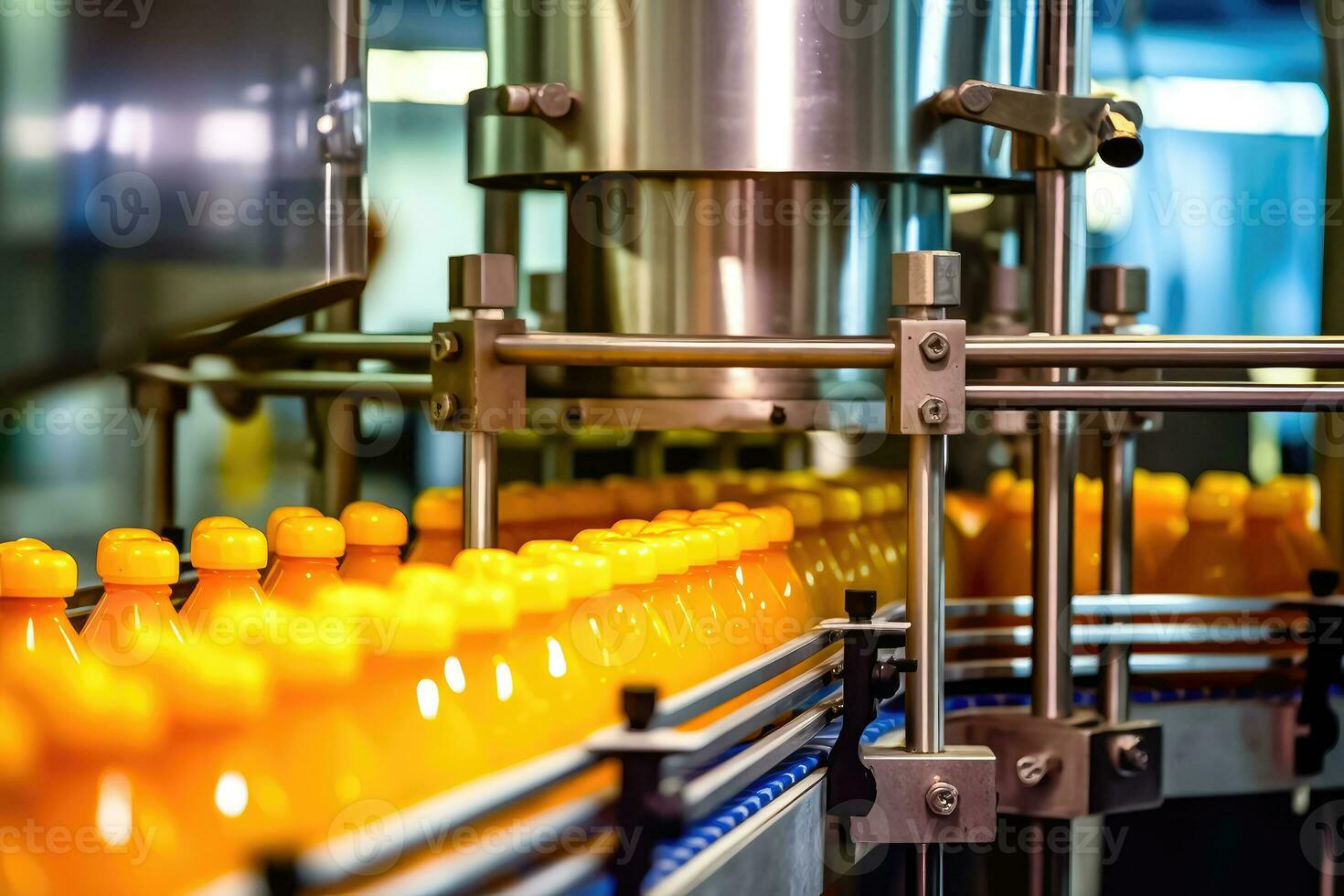 Orange Juice Bottles on Conveyor Belt - Perfect for Product Promotion - Generative AI photo