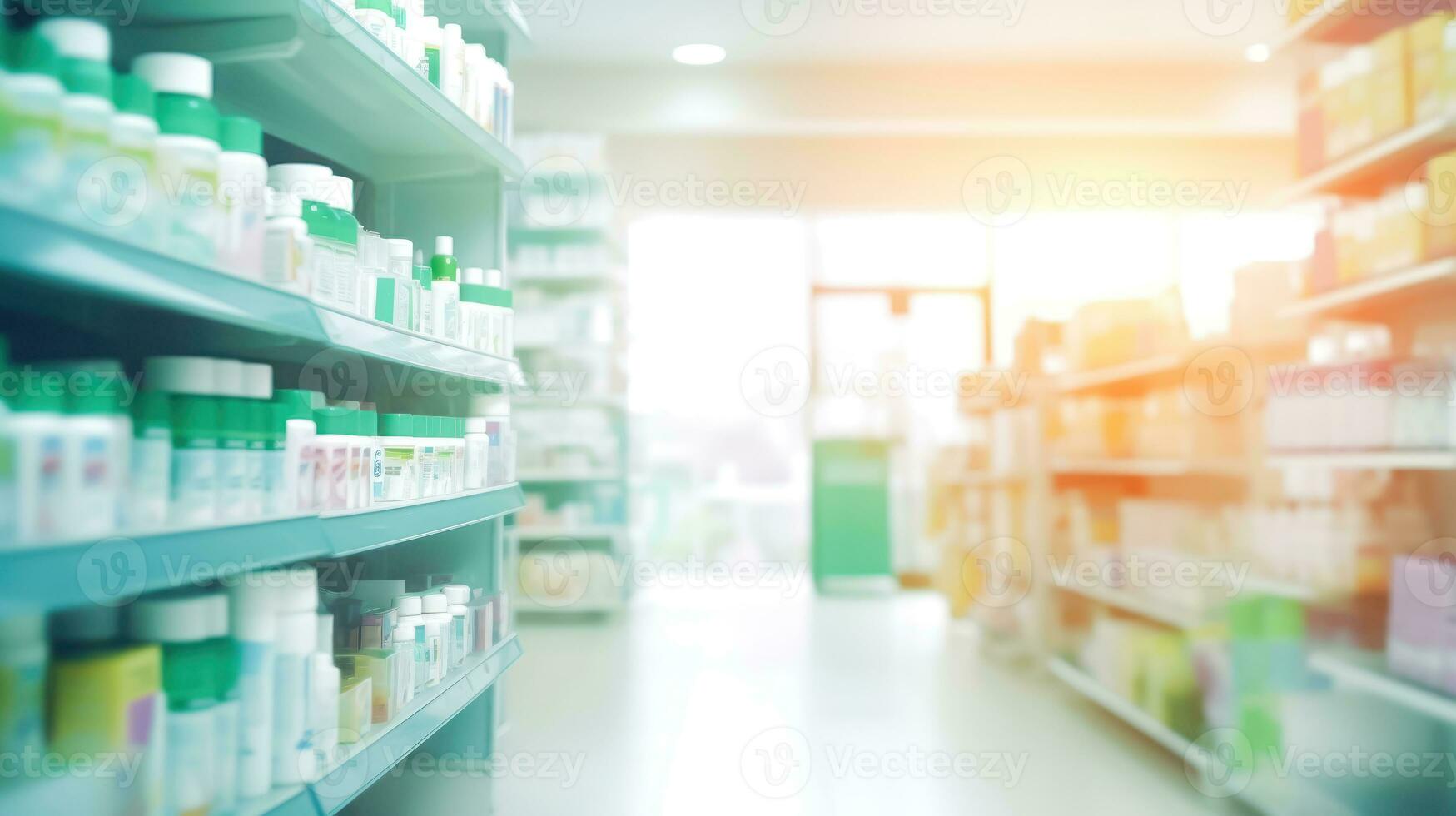 borroso farmacia estantería - farmacéutico productos y medicina antecedentes - generativo ai foto