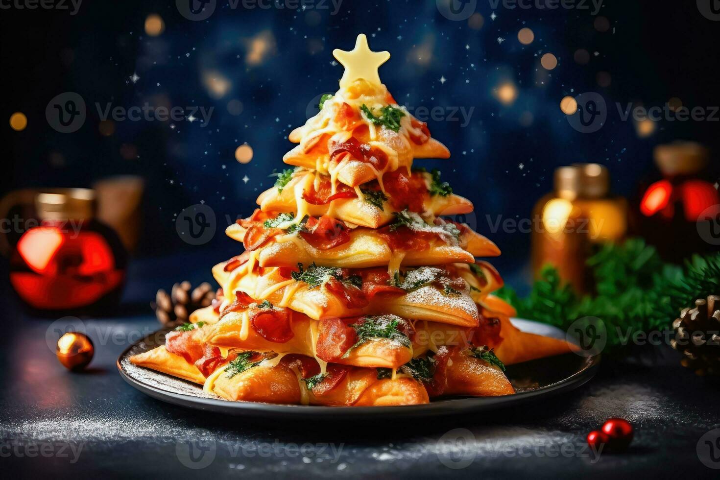 Original Pizza Artwork - Christmas Tree Design on Blurred Background - Generative AI photo