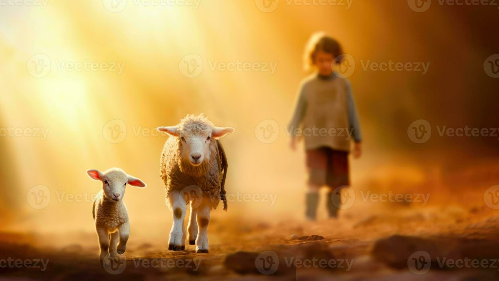 Little Boy Jesus Saving the Lost Sheep - Generative AI photo