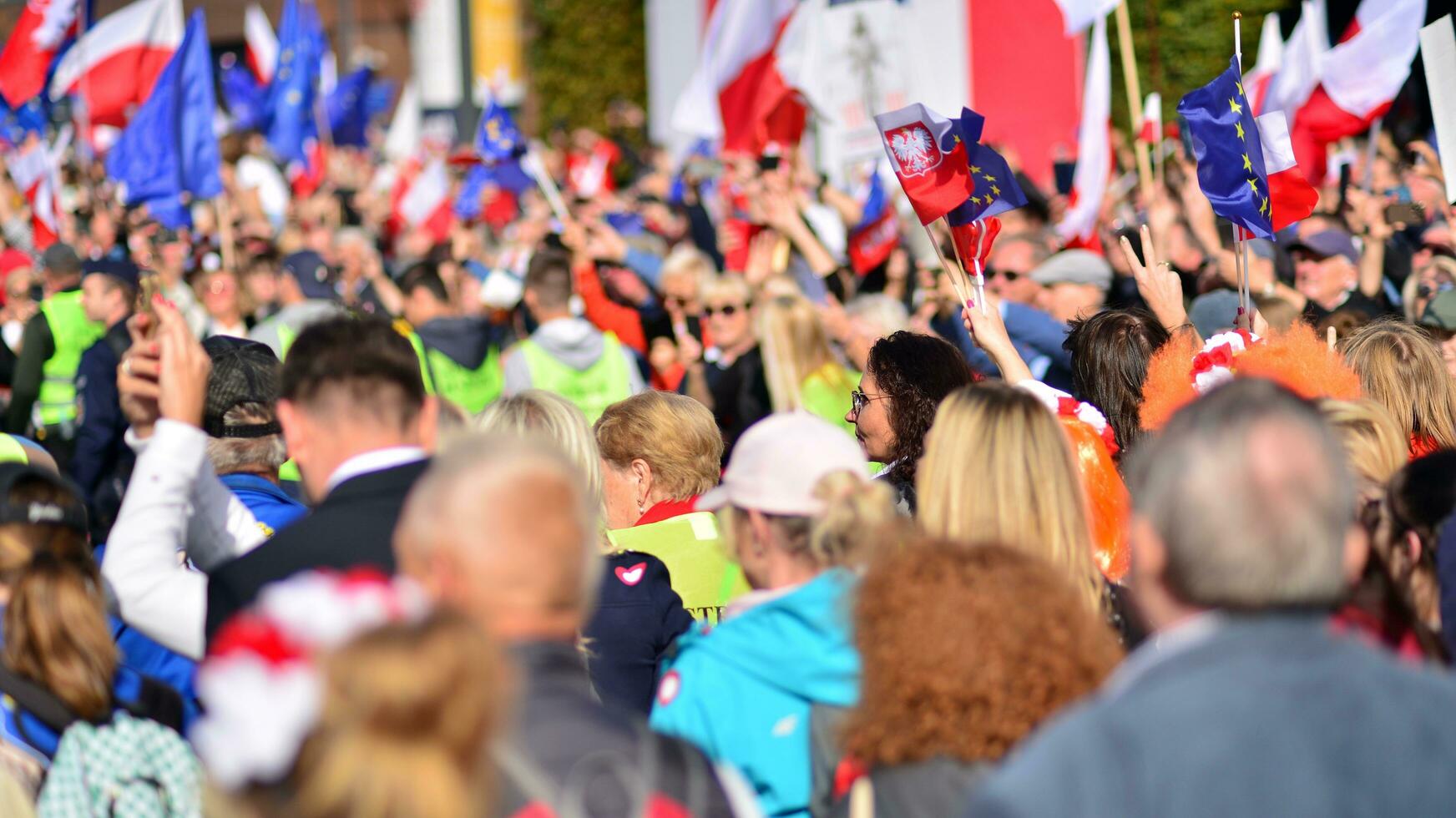 Warsaw, Poland. 1 October 2023. March of a Million Hearts. Hundreds of thousands march in  anti-government protest to show support for democracy. The spontaneous reaction of people. photo