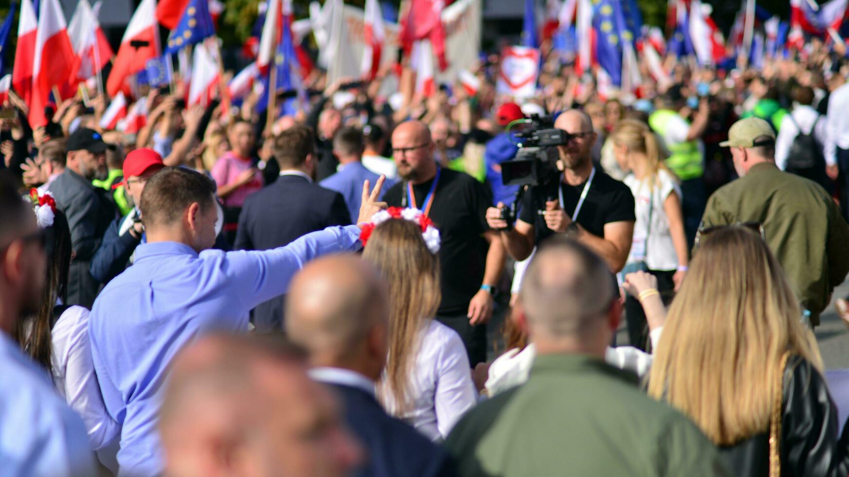 Warsaw, Poland. 1 October 2023. March of a Million Hearts. Hundreds of thousands march in  anti-government protest to show support for democracy. The spontaneous reaction of people. photo