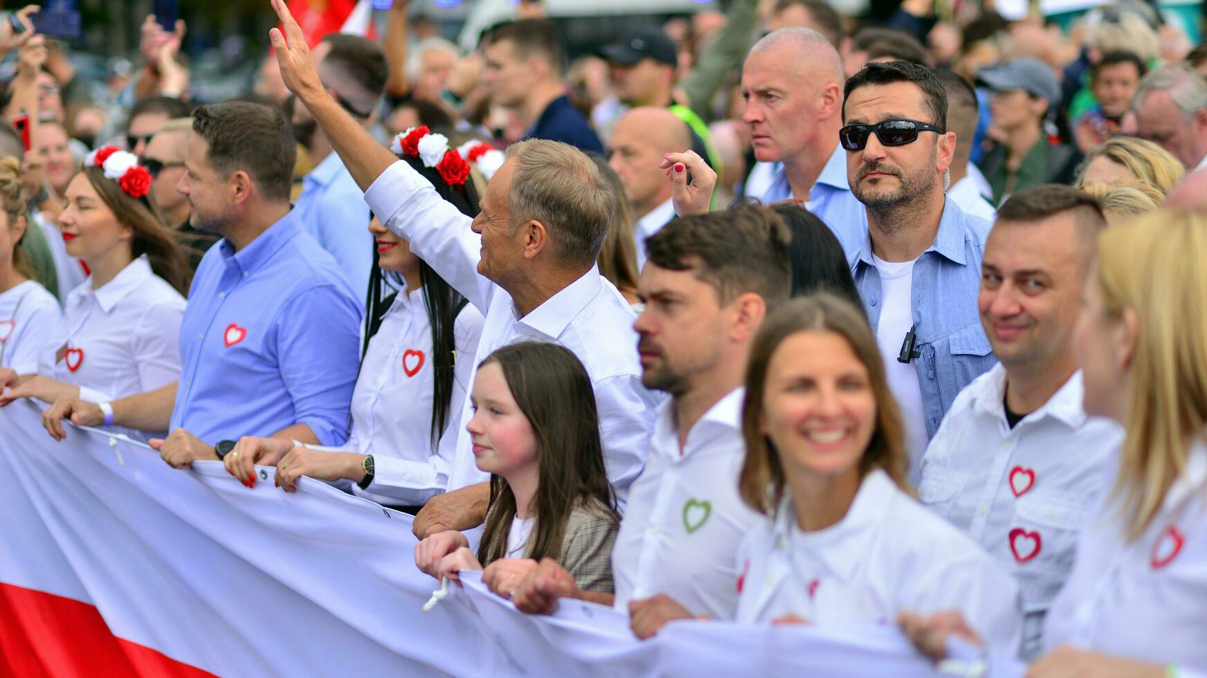 Warsaw, Poland. 1 October 2023. Donald Tusk during of in the biggest demonstrations seen in Poland since the fall of communism. March of a Million Hearts. photo