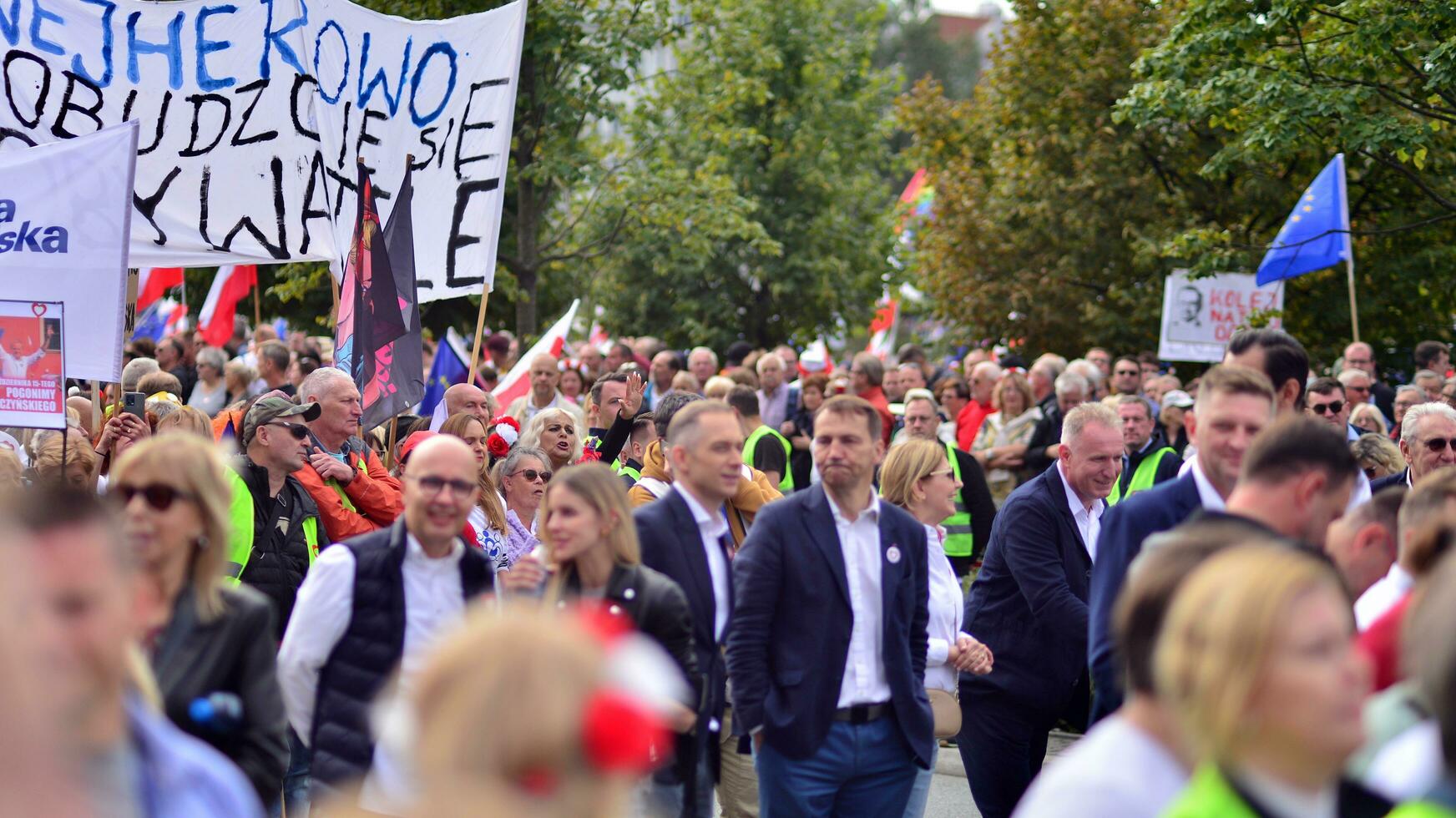 Warsaw, Poland. 1 October 2023. March of a Million Hearts. Hundreds of thousands march in  anti-government protest to show support for democracy. The spontaneous reaction of people. photo
