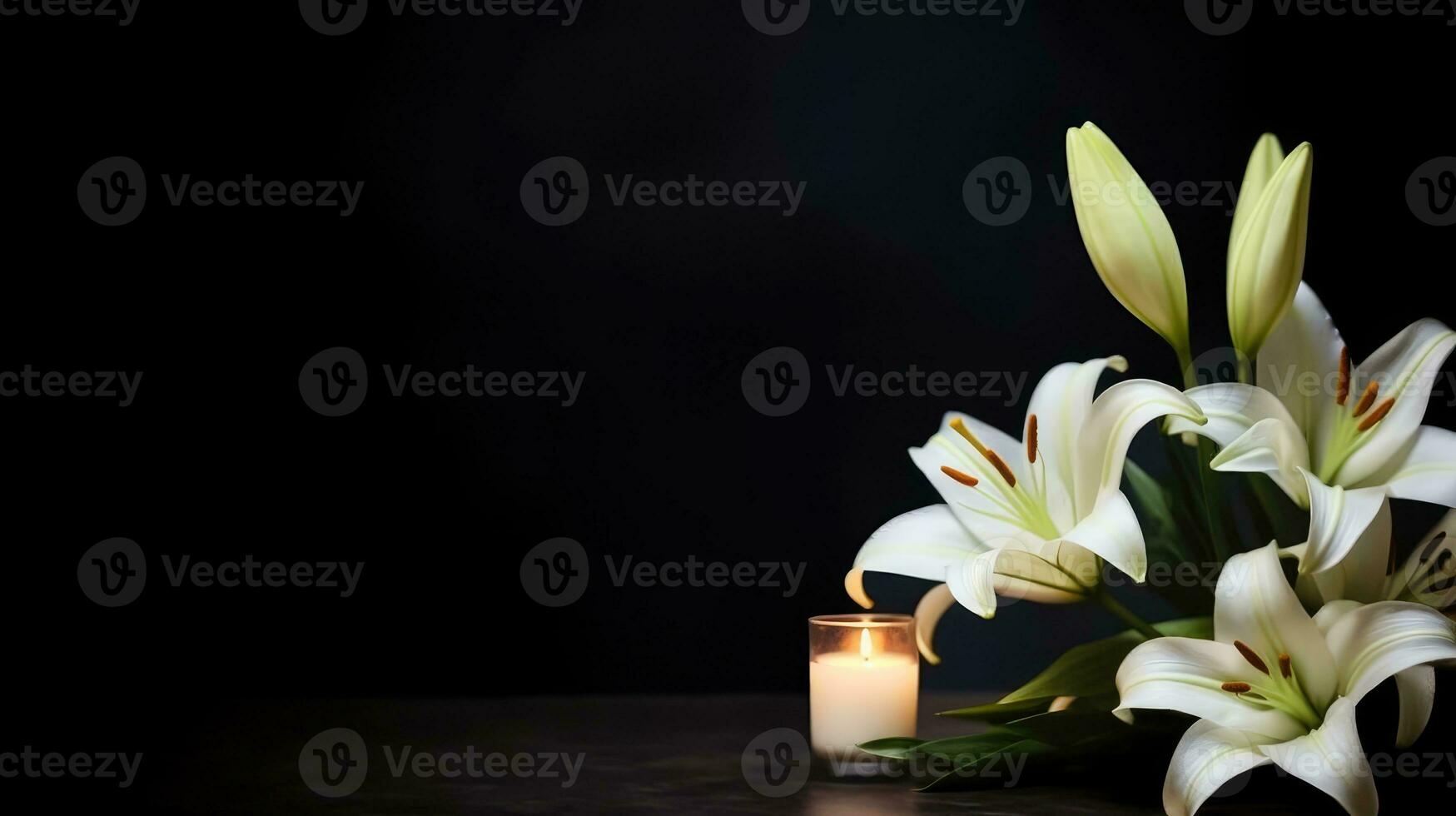 Lily Flowers and Candle Flames in Darkness - Generative AI photo