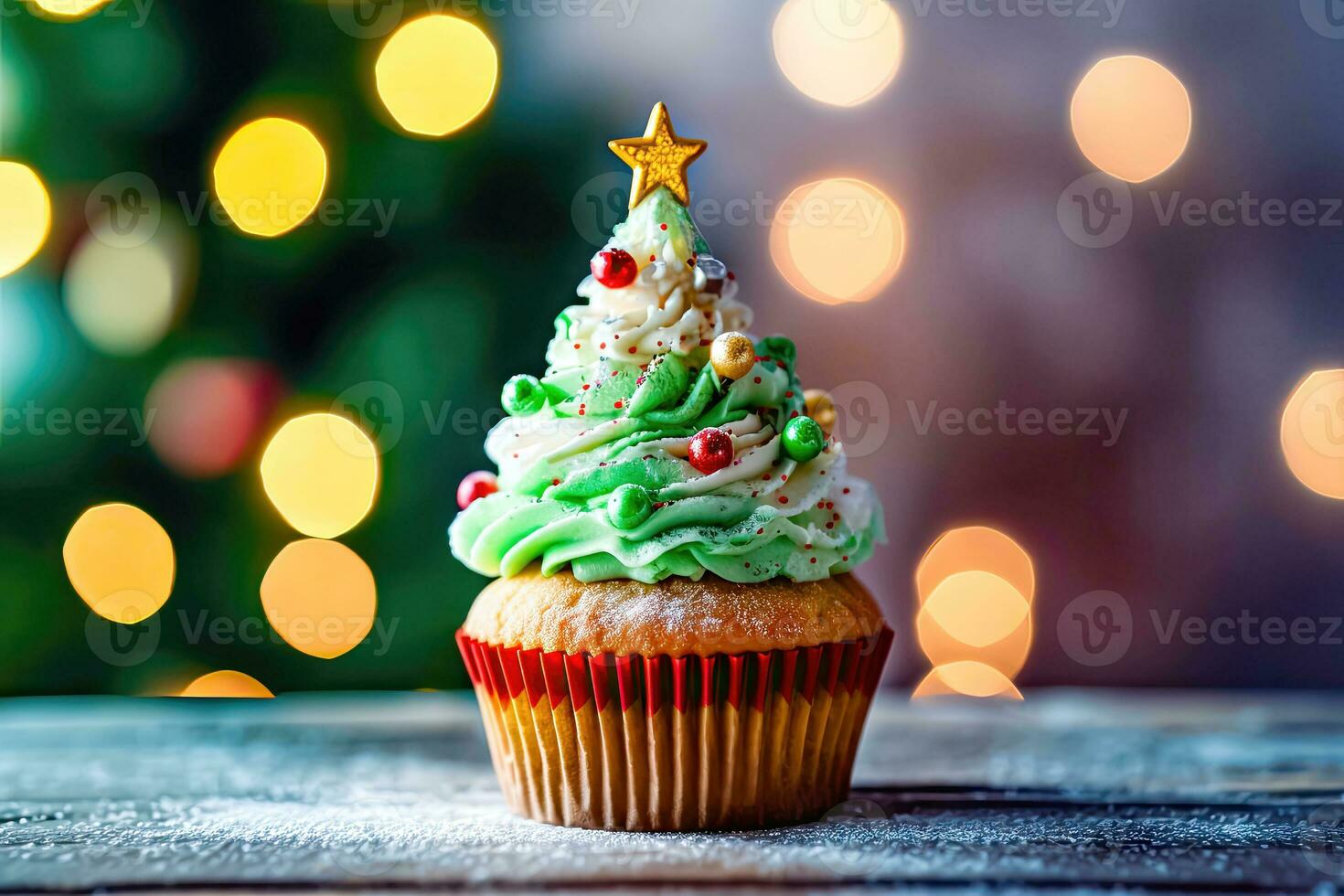 dulce Navidad - elegante en forma de árbol pastel en bokeh antecedentes - generativo ai foto