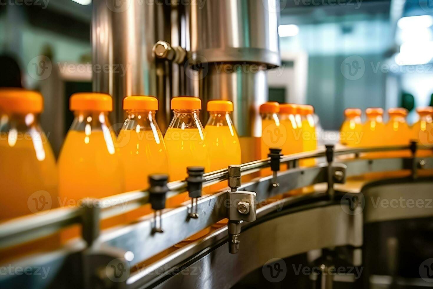 Manufacturing Line with Bottles of Tangy Orange Juice - Generative AI photo