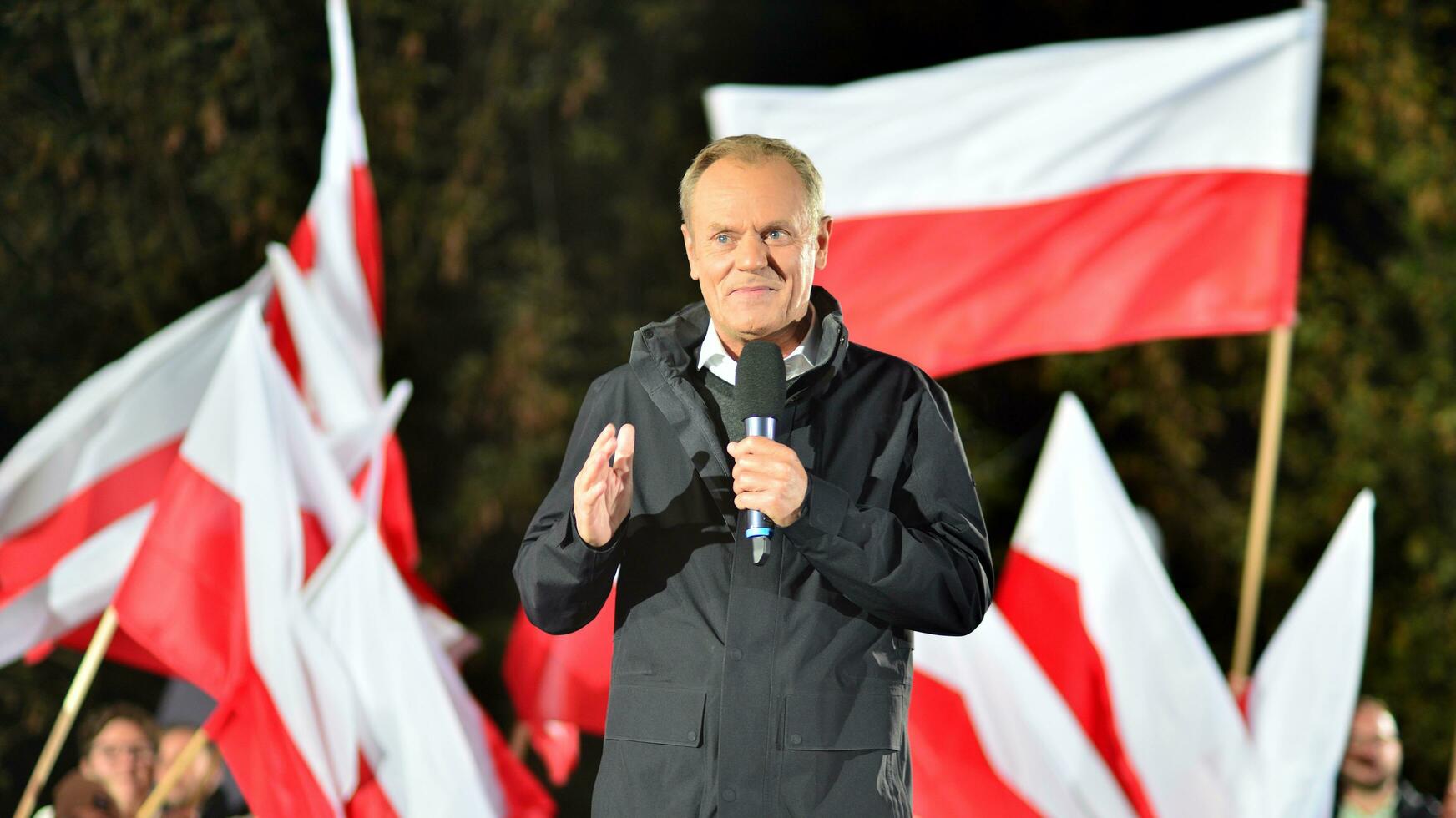 Warsaw, Poland. 9 October 2023. Donald Tusk speaks at an election rally after a televised debate on government television at the end of the campaign. photo