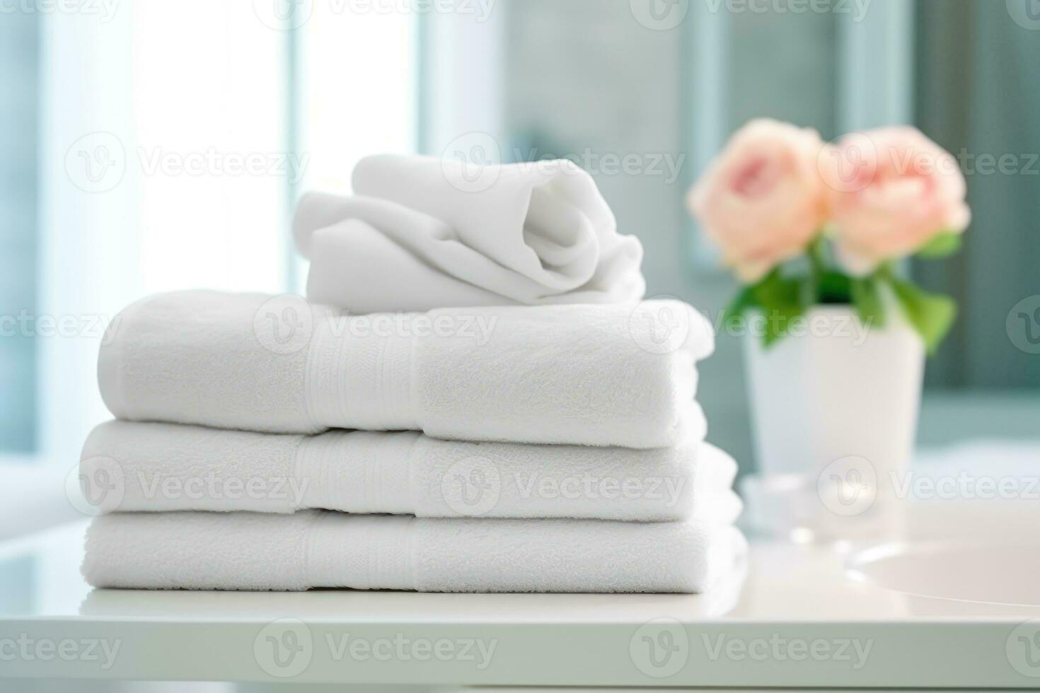 elegancia y relajación - blanco toallas y flores en un brillante baño - generativo ai foto