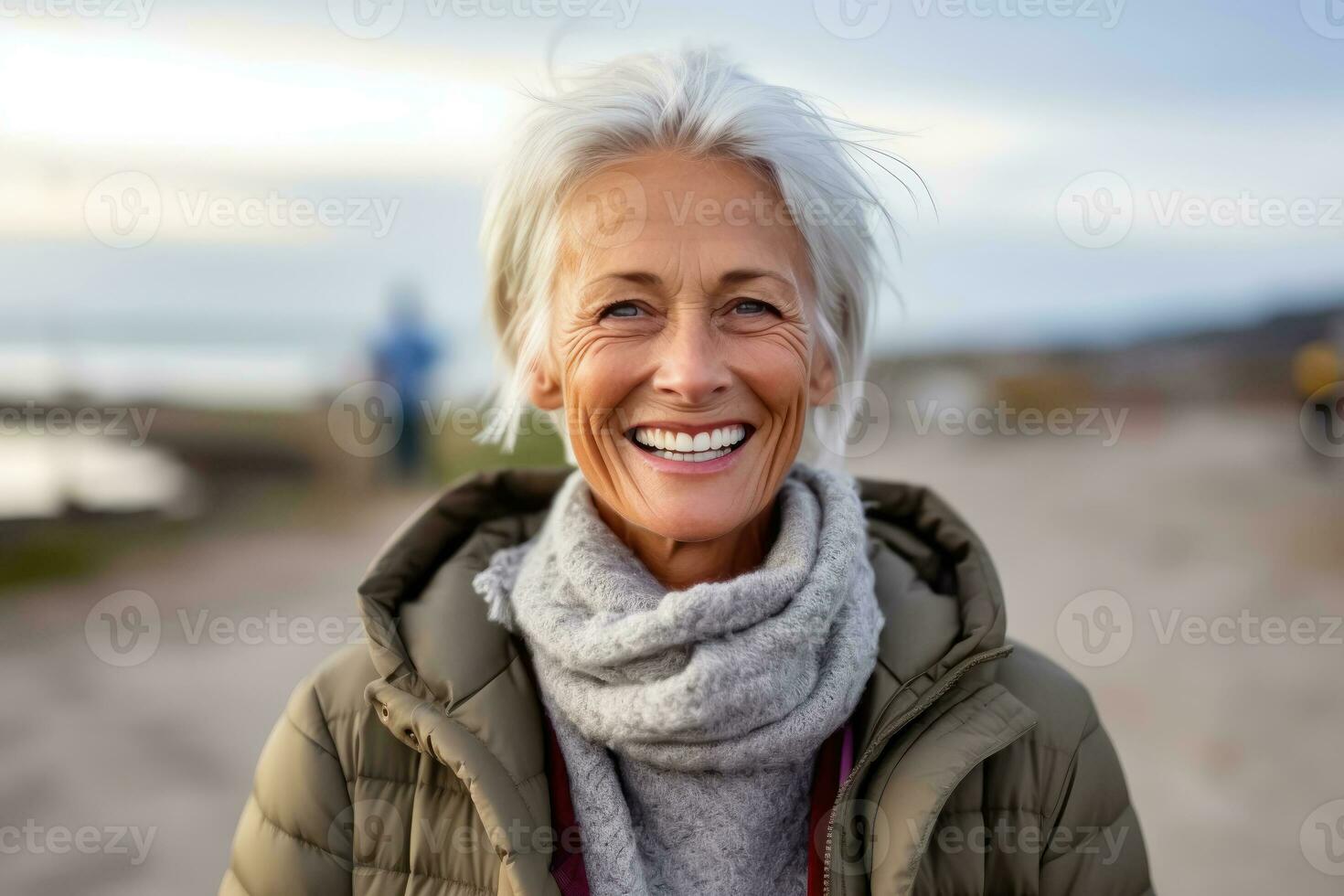 Smiling Middle-Aged Woman in Scenic Blurred Setting - Generative AI photo