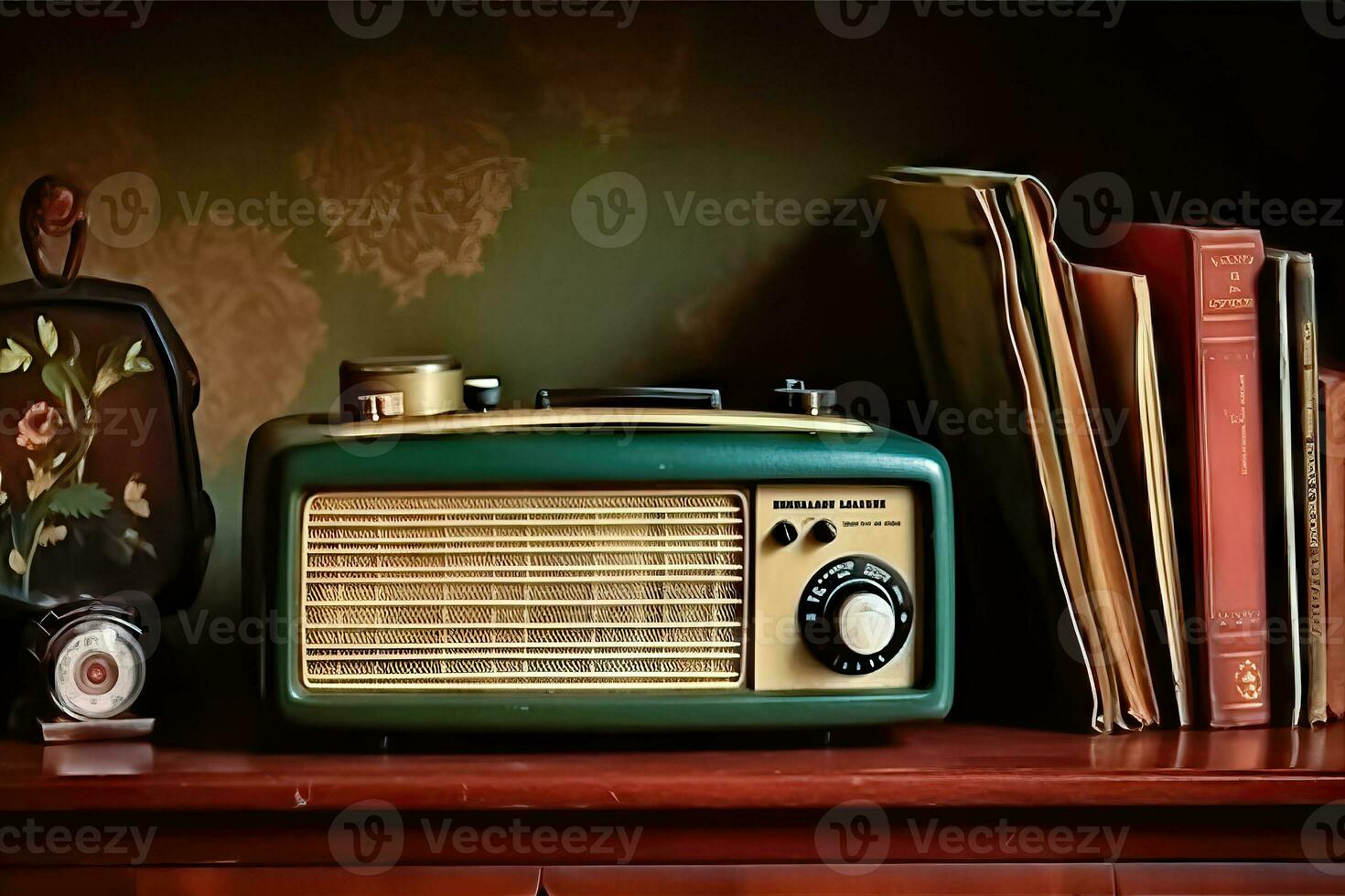 Vintage Radio Resting on a Shelf Amongst Books - Generative AI photo