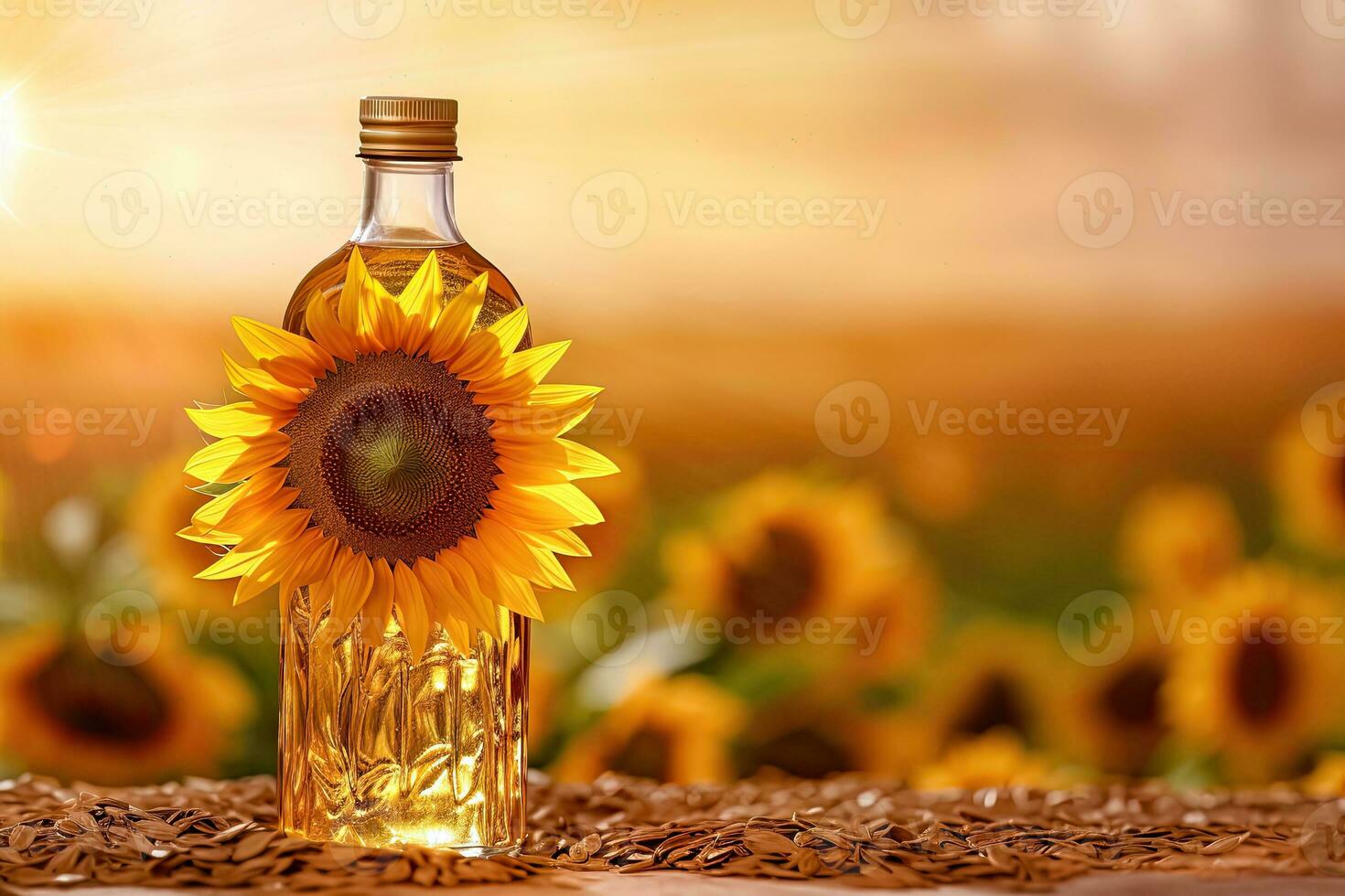 Natural Sunflower Oil and Sunflower Field Scenery - Generative AI photo