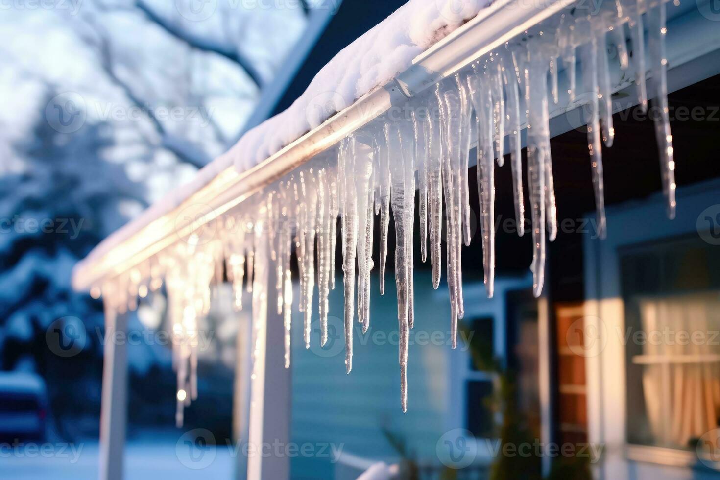 Icicles on House Roof in Winter - Generative AI photo