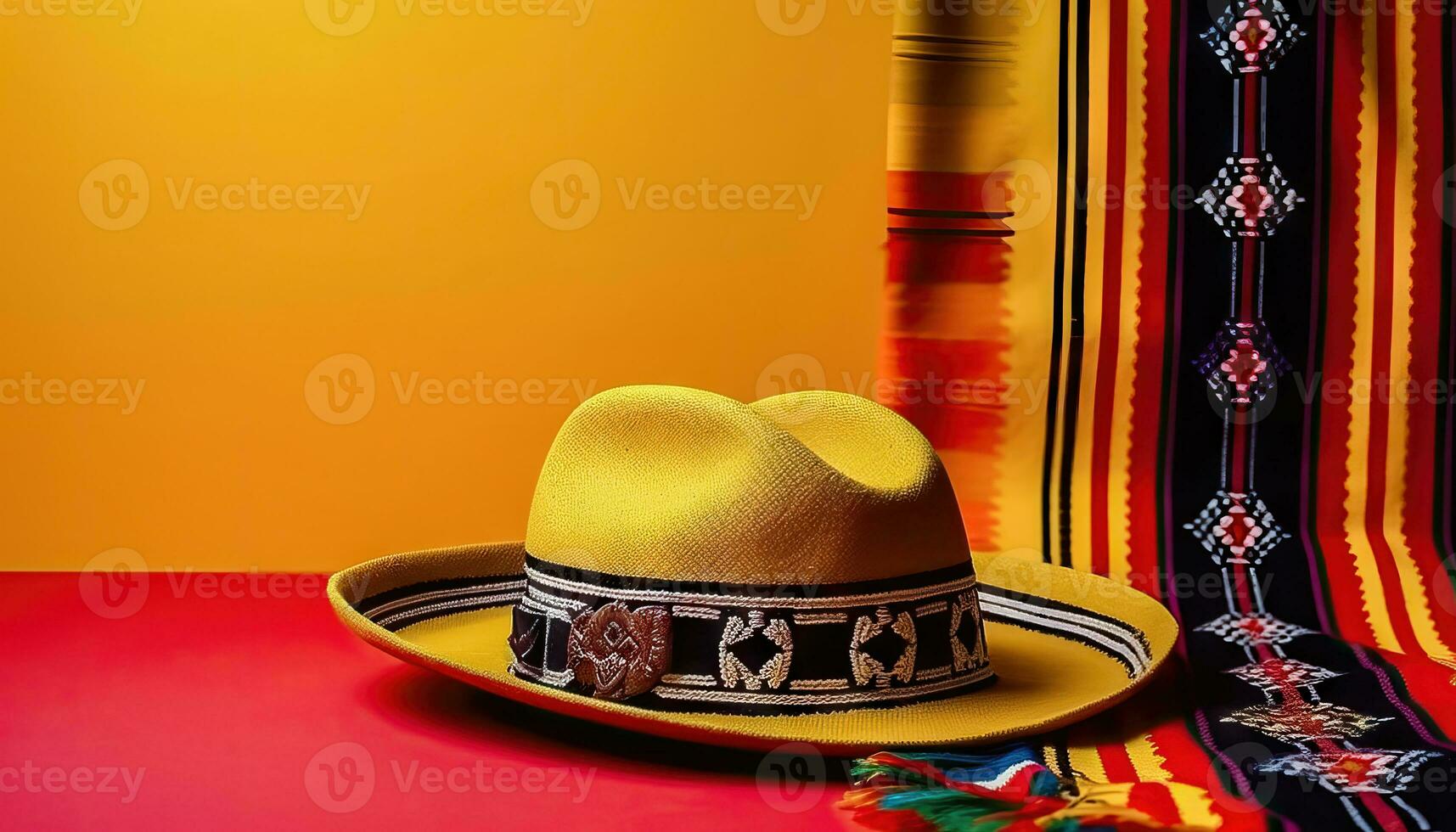 Colorful Mexican Inspiration - Sombrero Hat and Poncho on Yellow - Generative AI photo