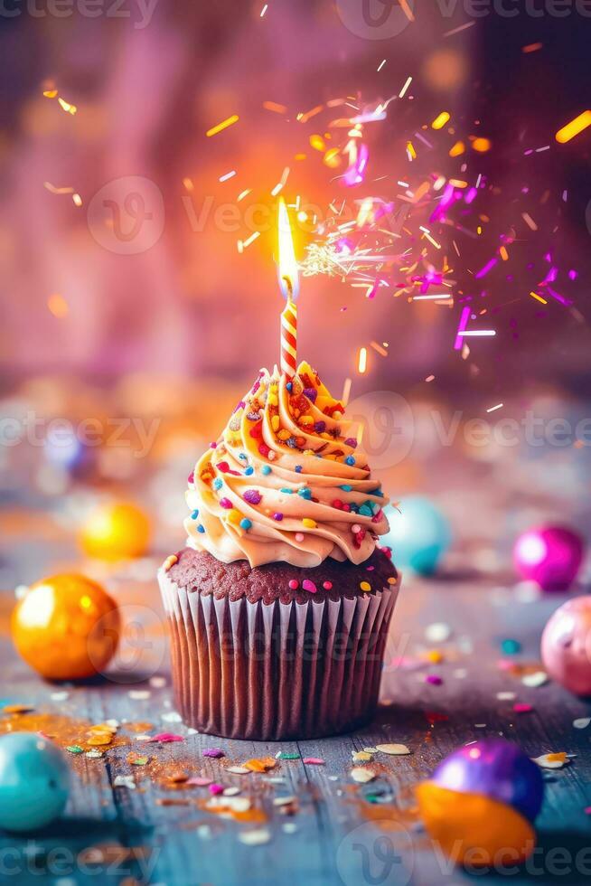 Festive Cupcake Delight - Cream, Sweets, Candle, and Bokeh Background - Generative AI photo