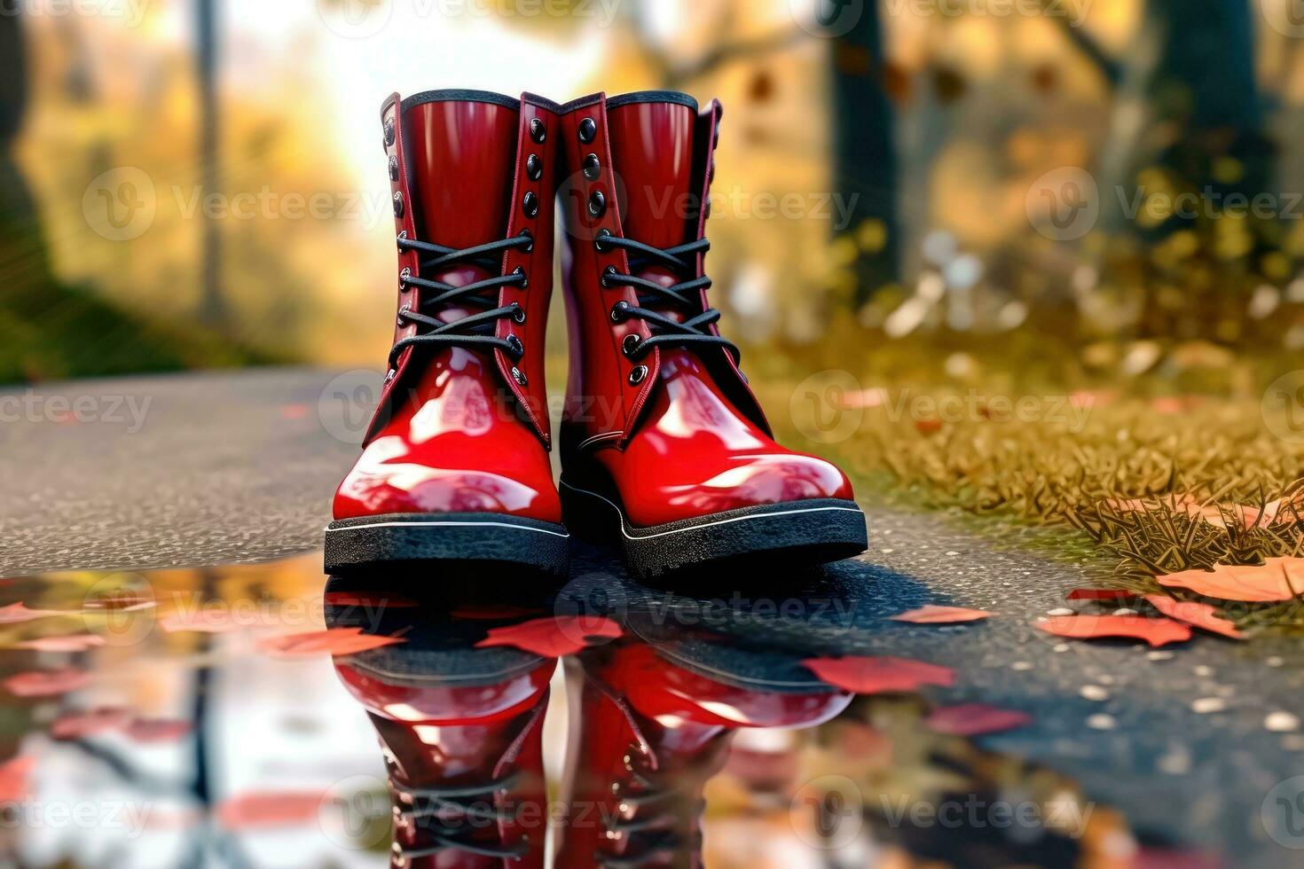 Autumn Rain's Arrival - Rubber Boots by Puddle - Generative AI photo