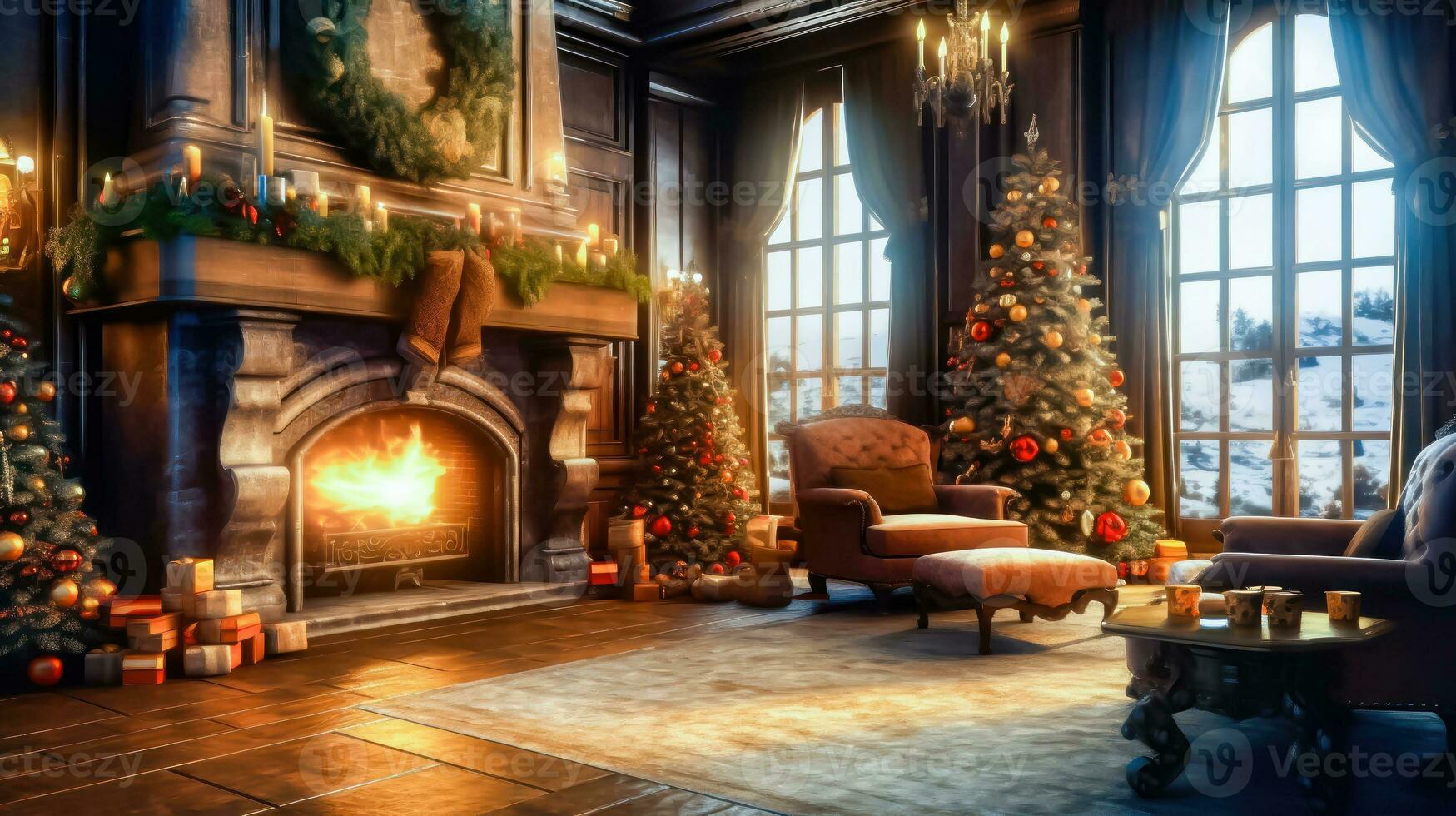 Yuletide Delight - Fireplace, Christmas Tree, Wrapped Gifts - Generative AI photo