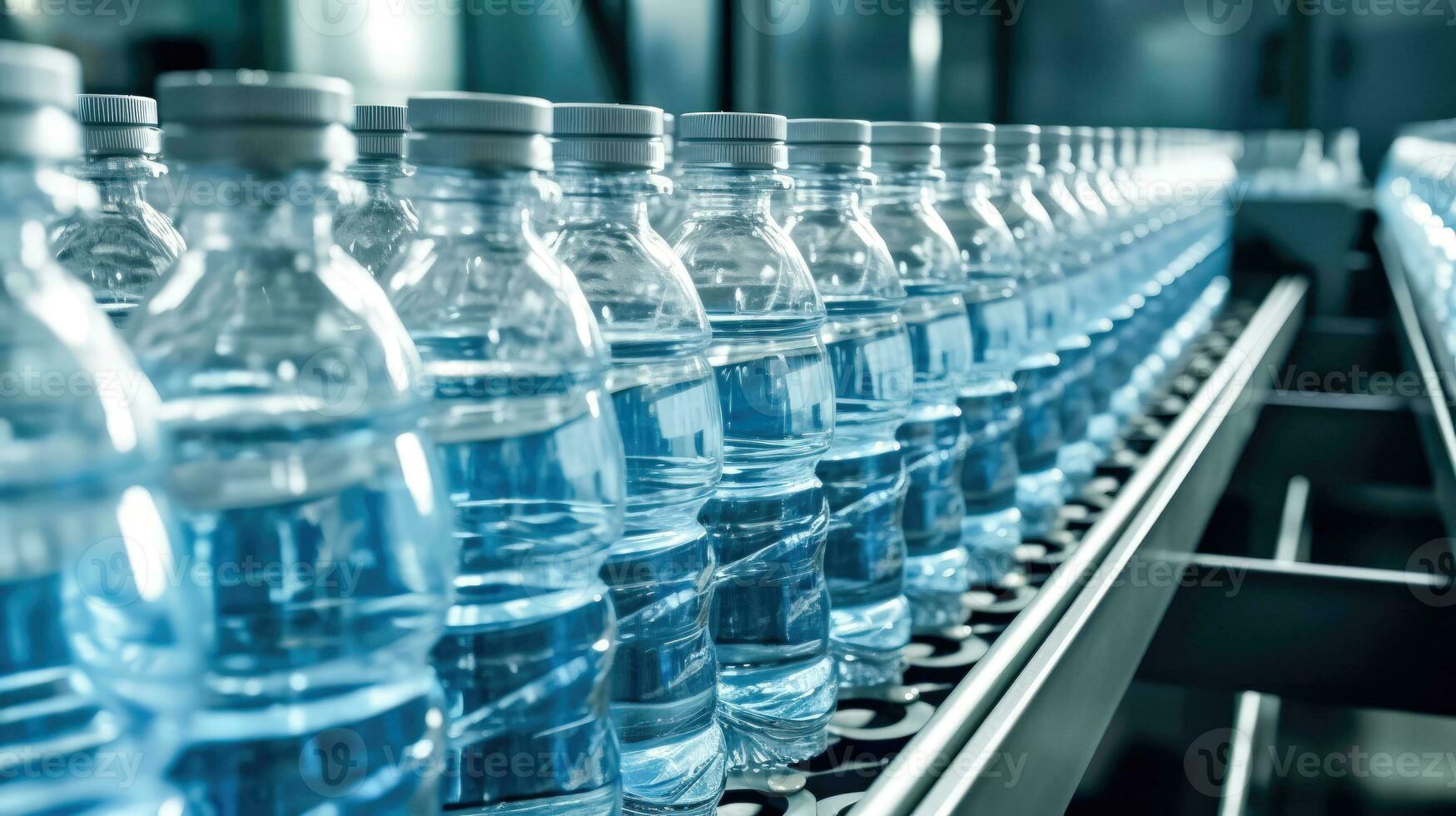 Pure Drinking Water Bottles on Conveyor Belt - Generative AI photo
