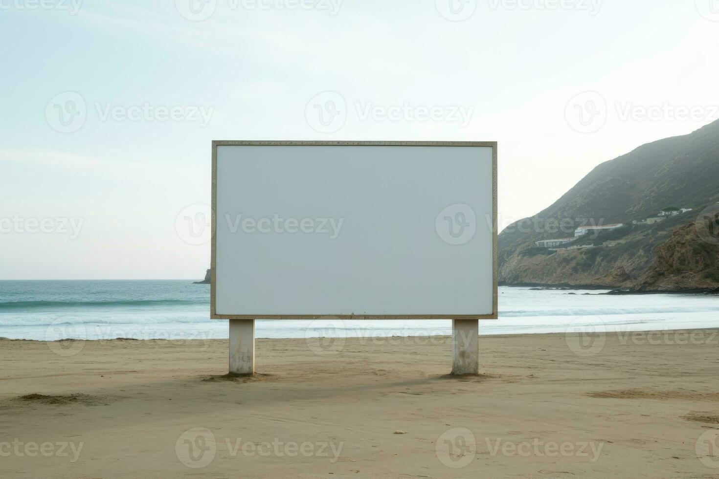 un grande calle cartelera para publicidad en contra el antecedentes de el mar y rocas ai generado foto