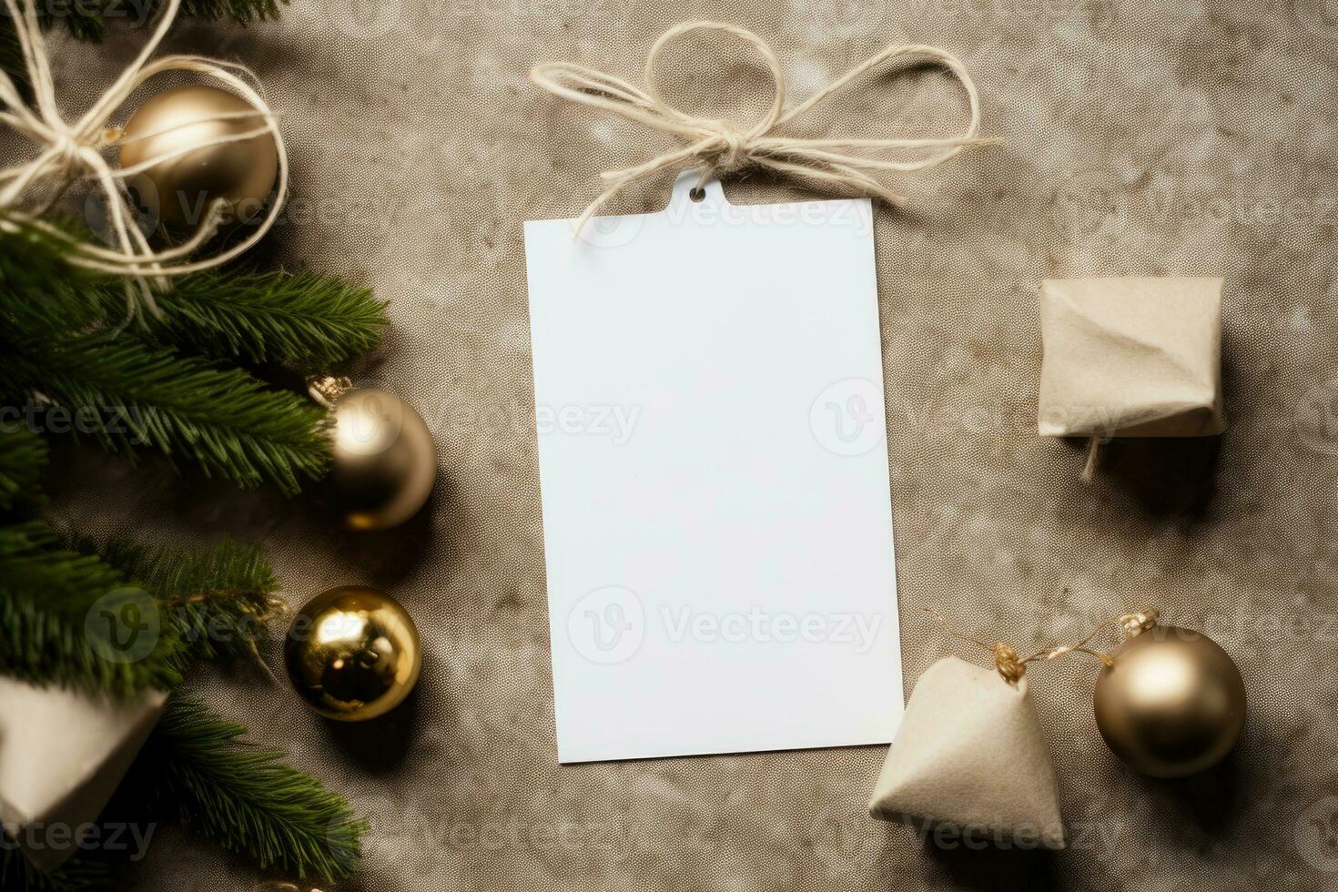 A mock-up of a white tag card with a gift box and a garland with Christmas tree toys and cones. AI generated photo