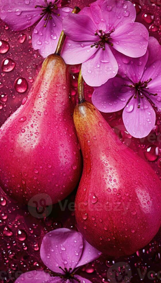 Two red pears painted in metallic pink with white flowers. AI generated photo